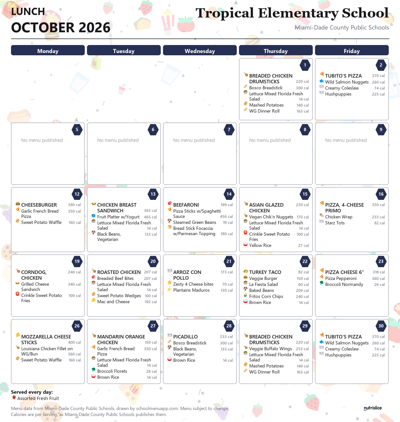 Tropical Elementary School lunch menu for October 2026 &mdash; Miami-Dade County Public Schools