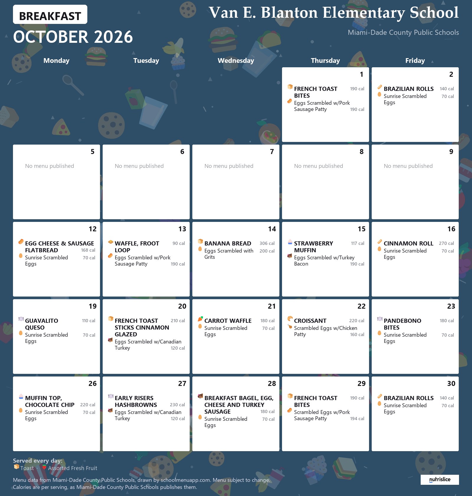 Van E. Blanton Elementary School breakfast menu for October 2026 &mdash; Miami-Dade County Public Schools