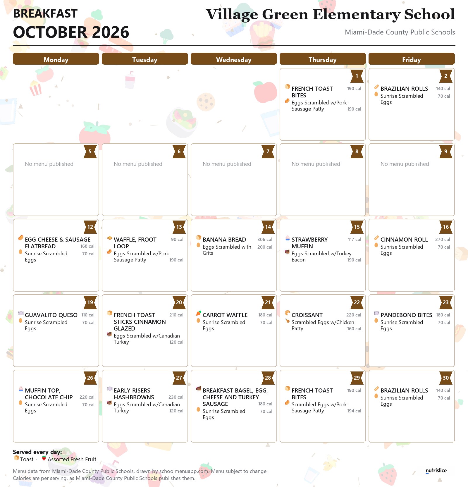 Village Green Elementary School breakfast menu for October 2026 &mdash; Miami-Dade County Public Schools