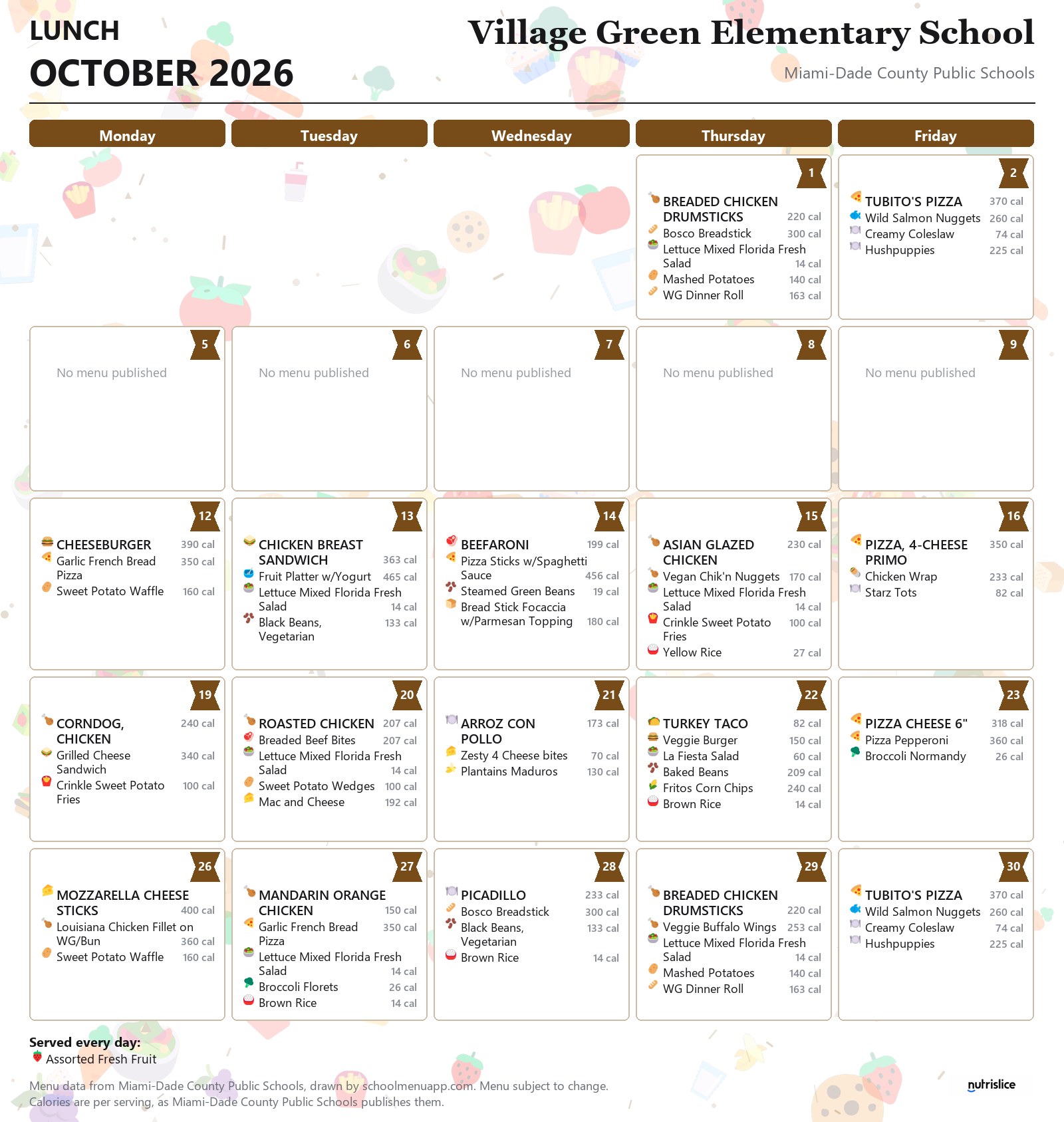 Village Green Elementary School lunch menu for October 2026 &mdash; Miami-Dade County Public Schools