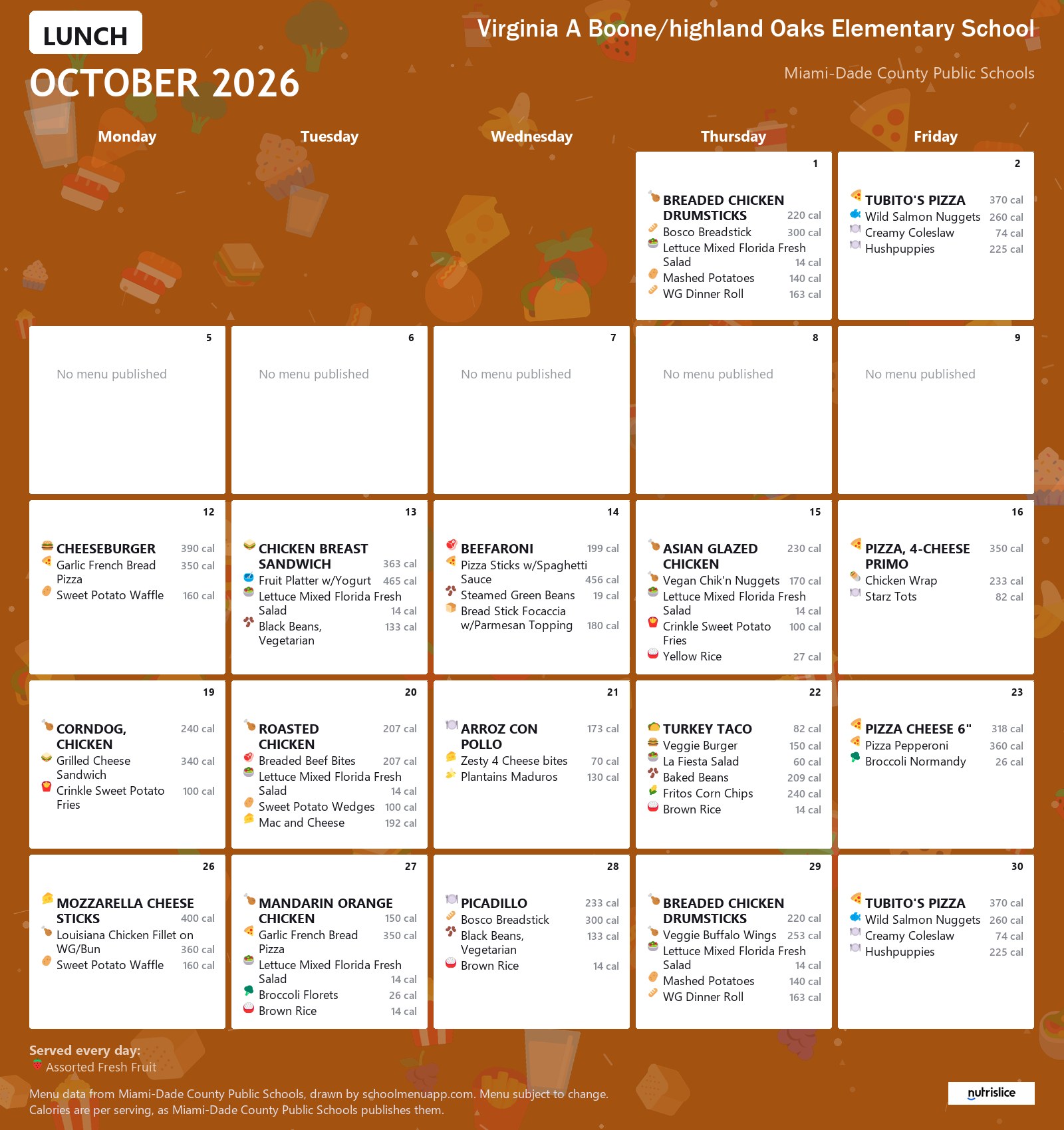 Virginia A Boone/highland Oaks Elementary School lunch menu for October 2026 &mdash; Miami-Dade County Public Schools