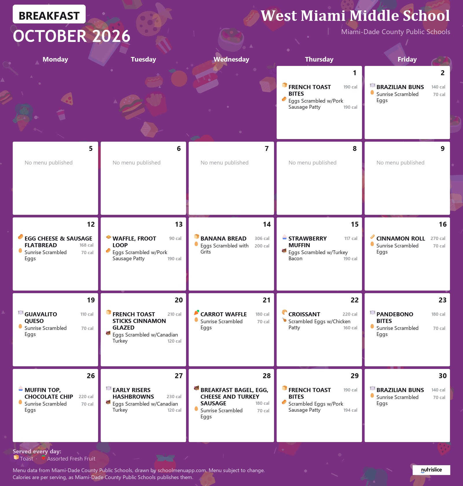 West Miami Middle School breakfast menu for October 2026 &mdash; Miami-Dade County Public Schools