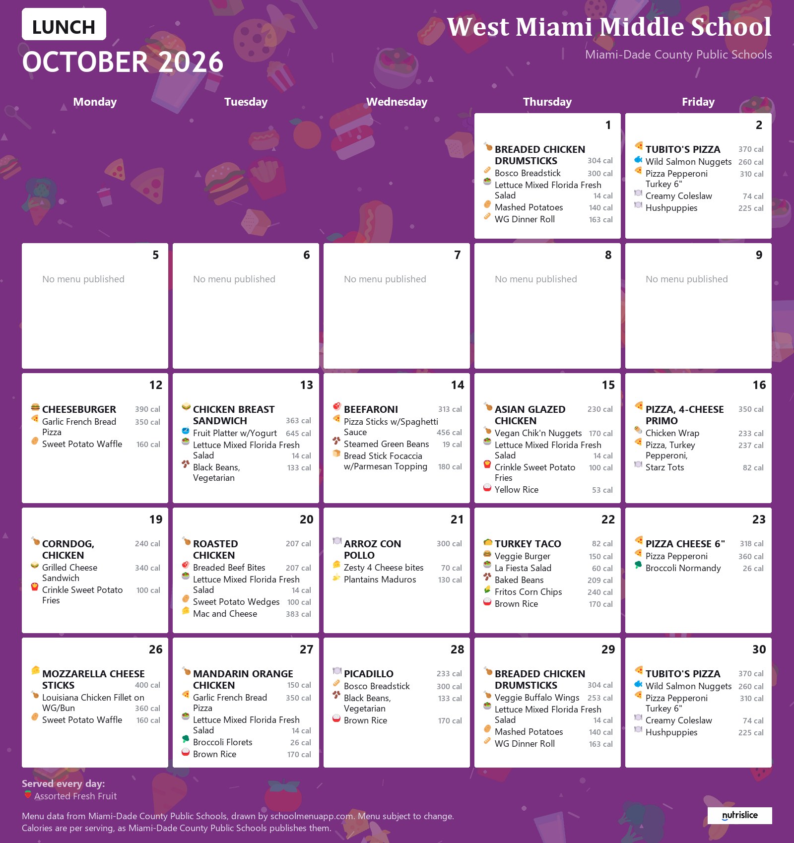 West Miami Middle School lunch menu for October 2026 &mdash; Miami-Dade County Public Schools