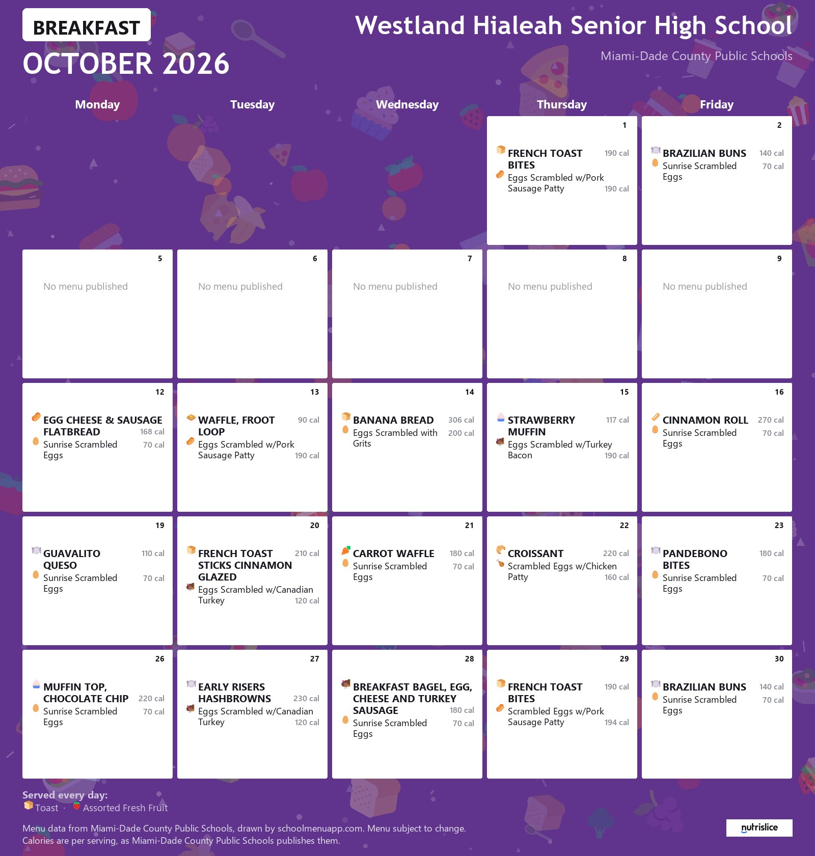 Westland Hialeah Senior High School breakfast menu for October 2026 &mdash; Miami-Dade County Public Schools