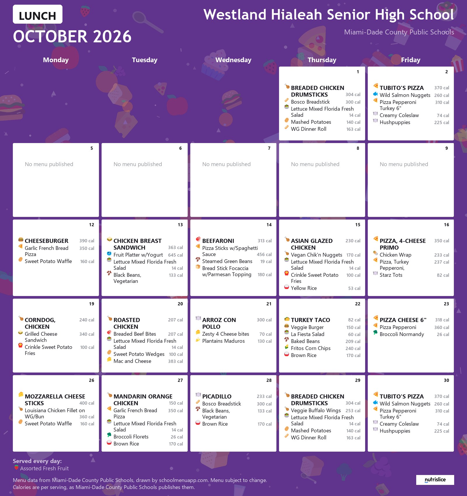 Westland Hialeah Senior High School lunch menu for October 2026 &mdash; Miami-Dade County Public Schools
