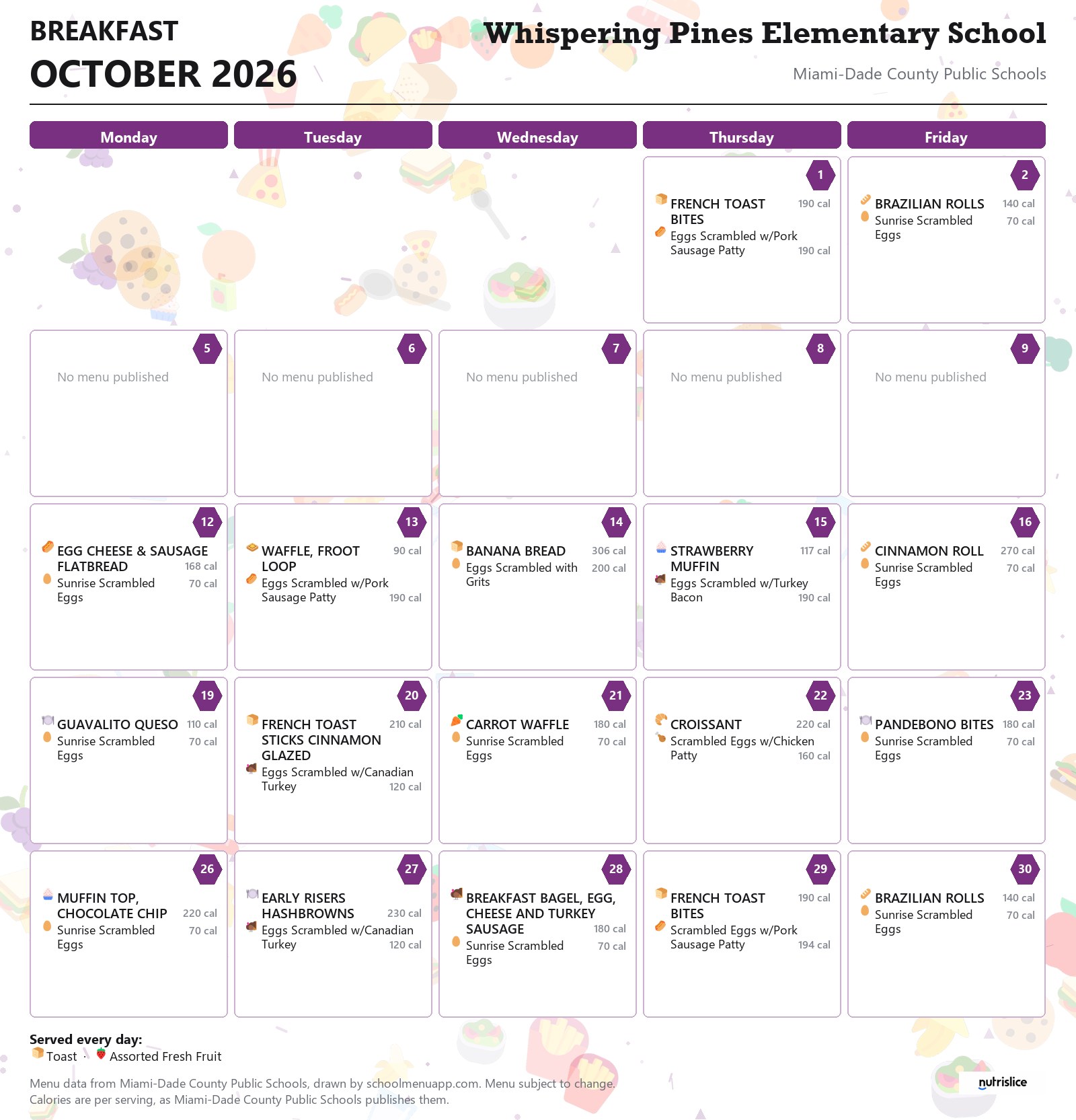 Whispering Pines Elementary School breakfast menu for October 2026 &mdash; Miami-Dade County Public Schools