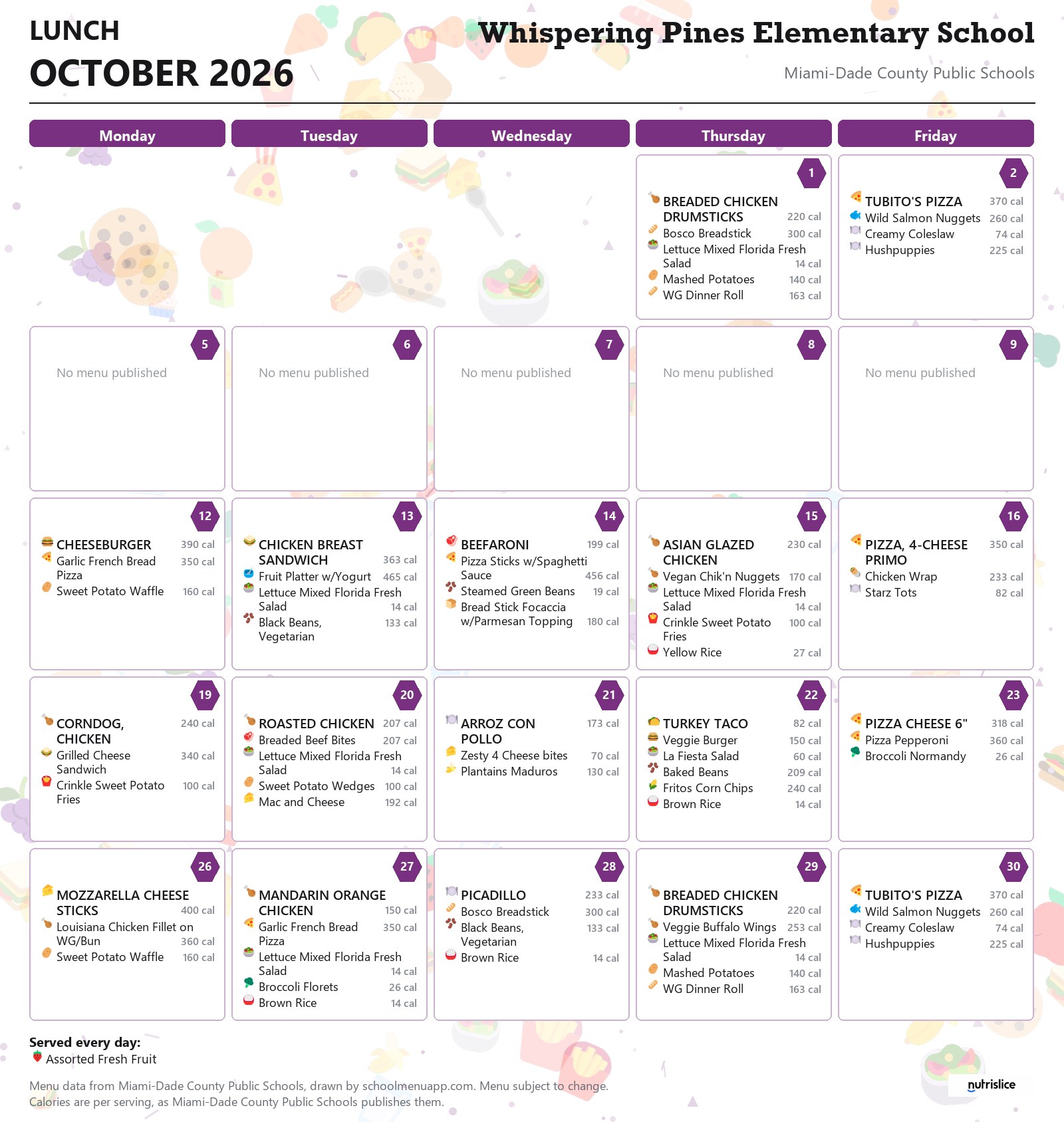 Whispering Pines Elementary School lunch menu for October 2026 &mdash; Miami-Dade County Public Schools