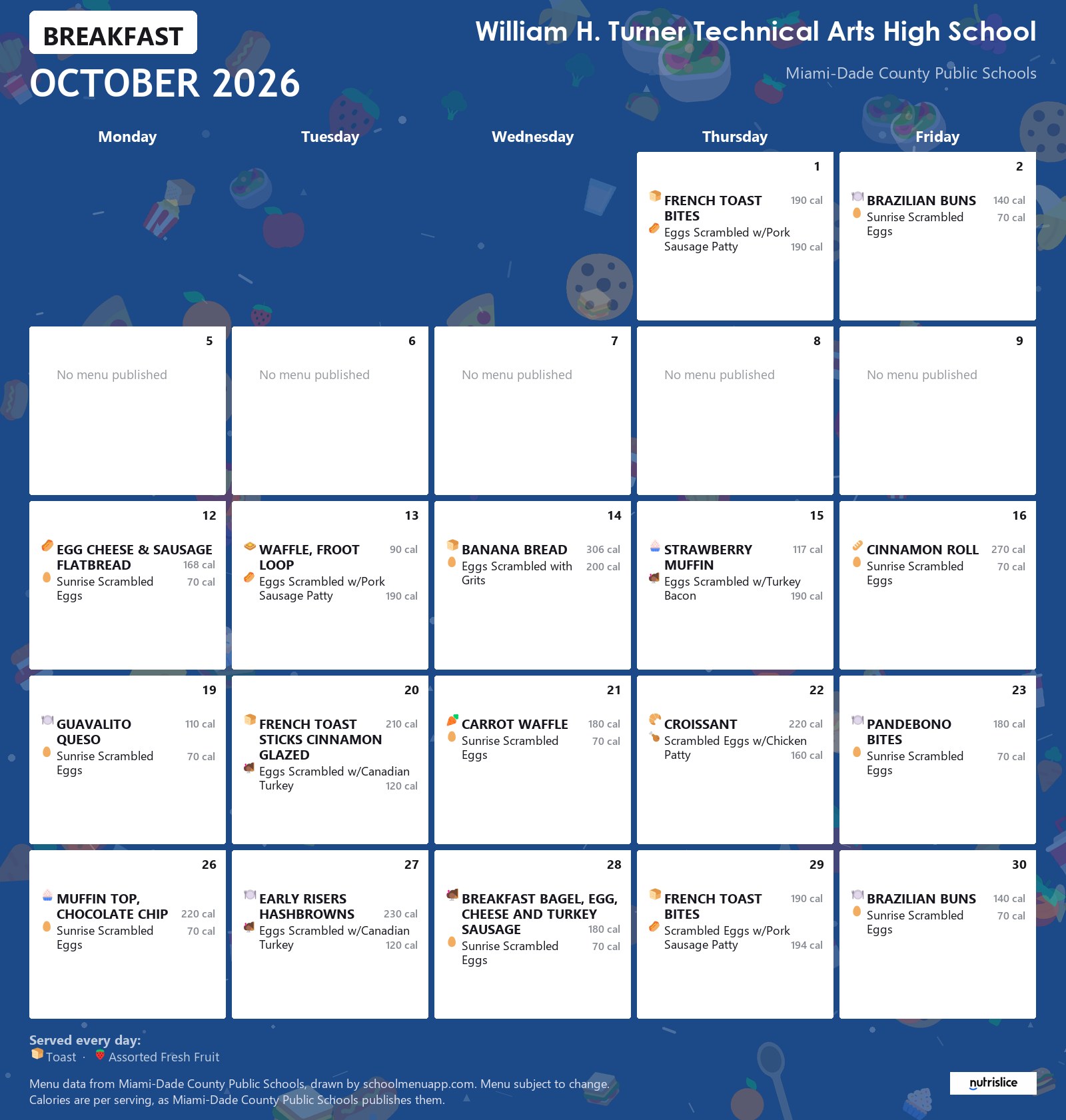 William H. Turner Technical Arts High School breakfast menu for October 2026 &mdash; Miami-Dade County Public Schools