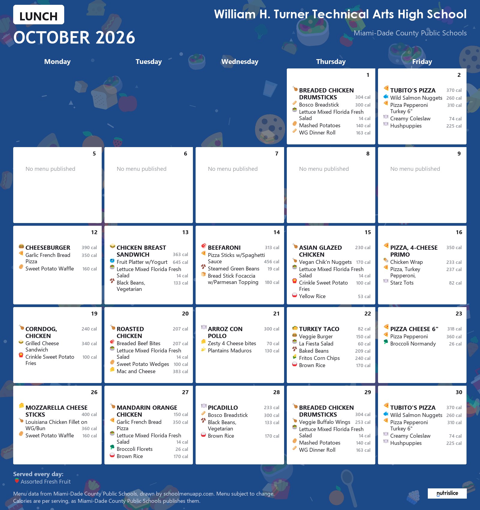 William H. Turner Technical Arts High School lunch menu for October 2026 &mdash; Miami-Dade County Public Schools