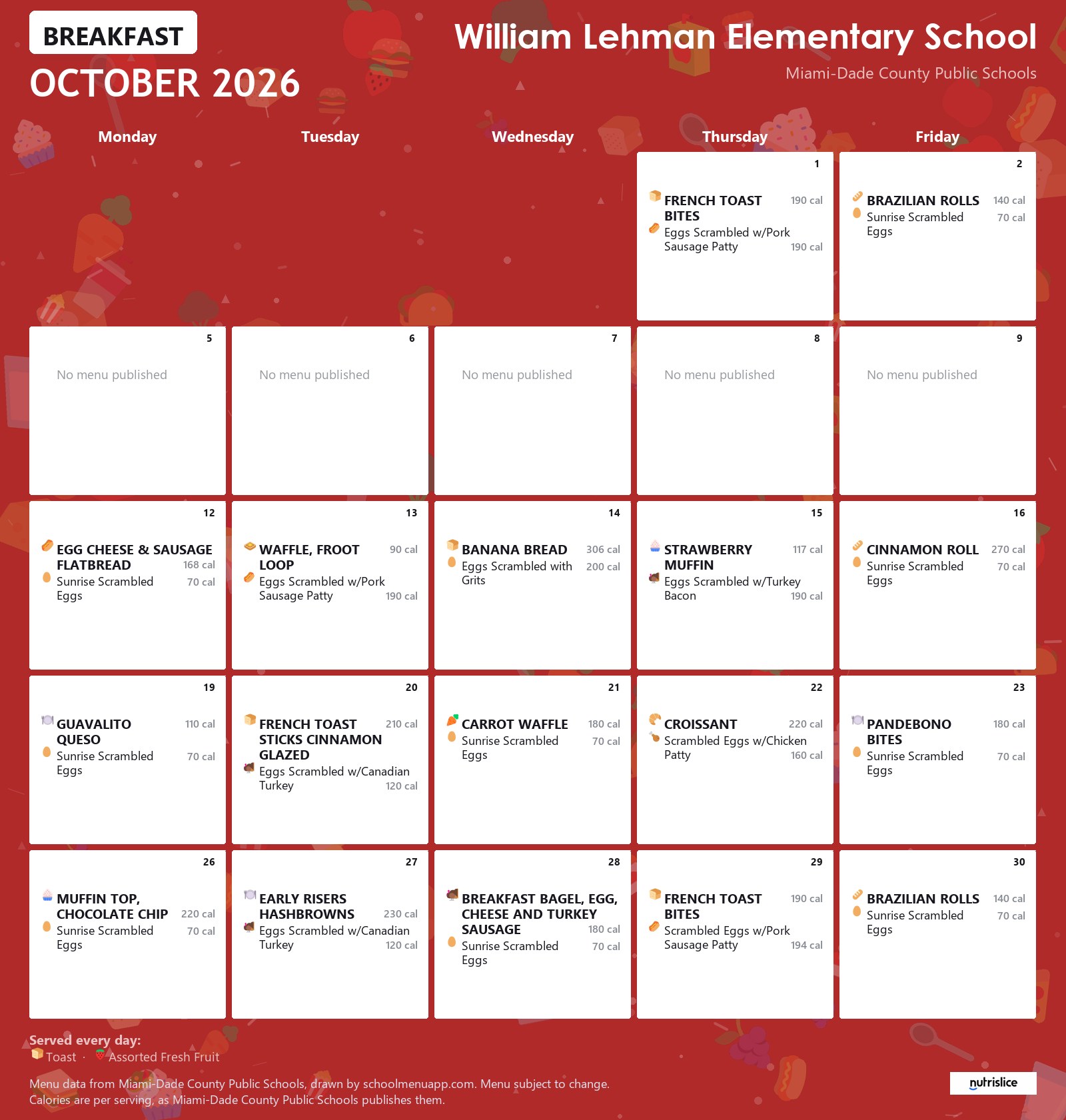 William Lehman Elementary School breakfast menu for October 2026 &mdash; Miami-Dade County Public Schools