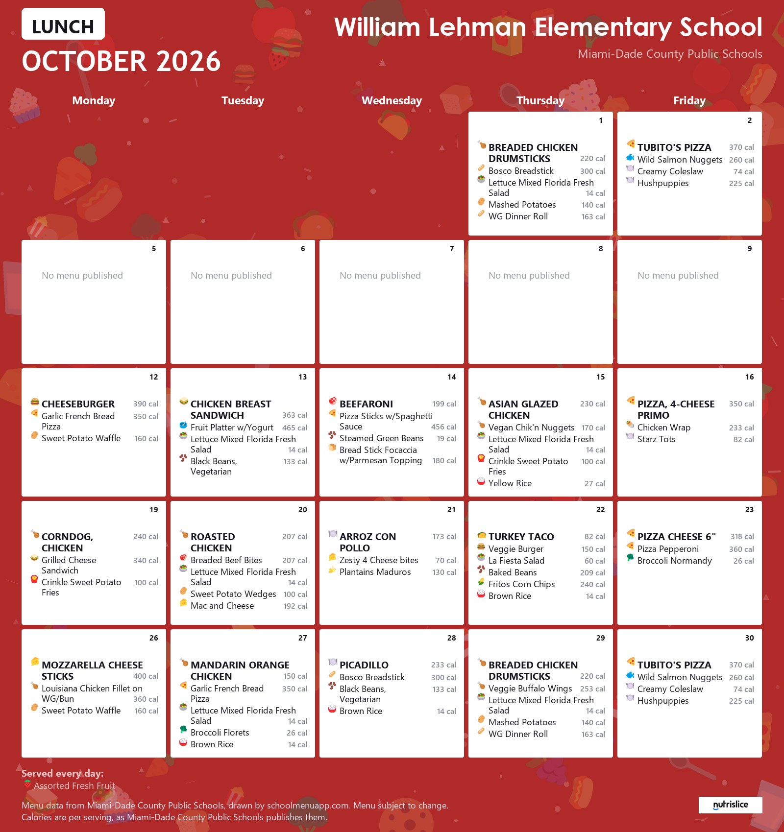 William Lehman Elementary School lunch menu for October 2026 &mdash; Miami-Dade County Public Schools