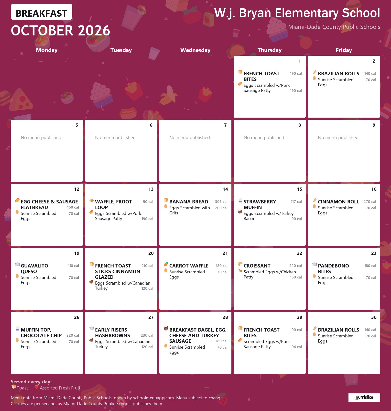 W.j. Bryan Elementary School breakfast menu for October 2026 &mdash; Miami-Dade County Public Schools
