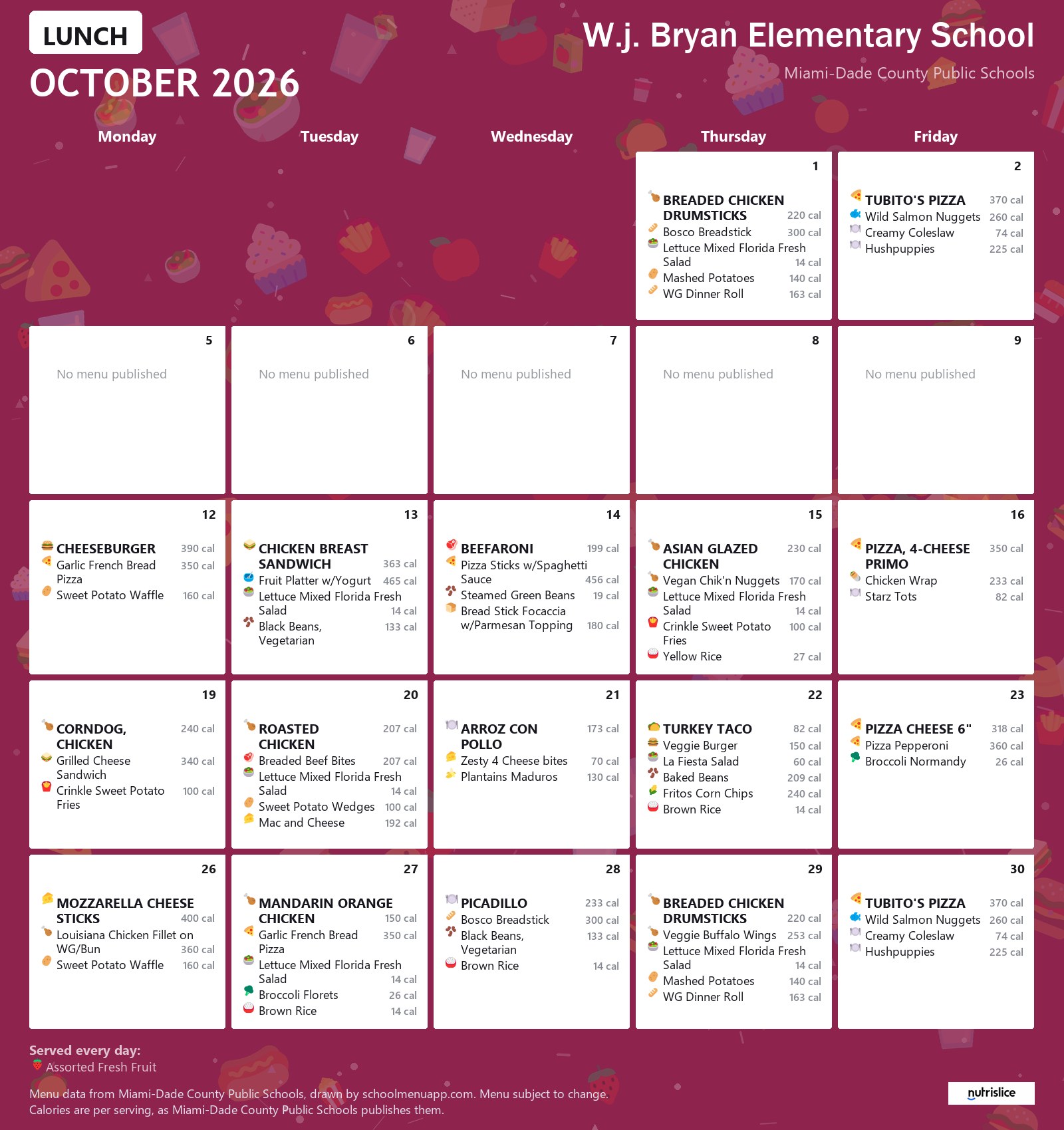W.j. Bryan Elementary School lunch menu for October 2026 &mdash; Miami-Dade County Public Schools