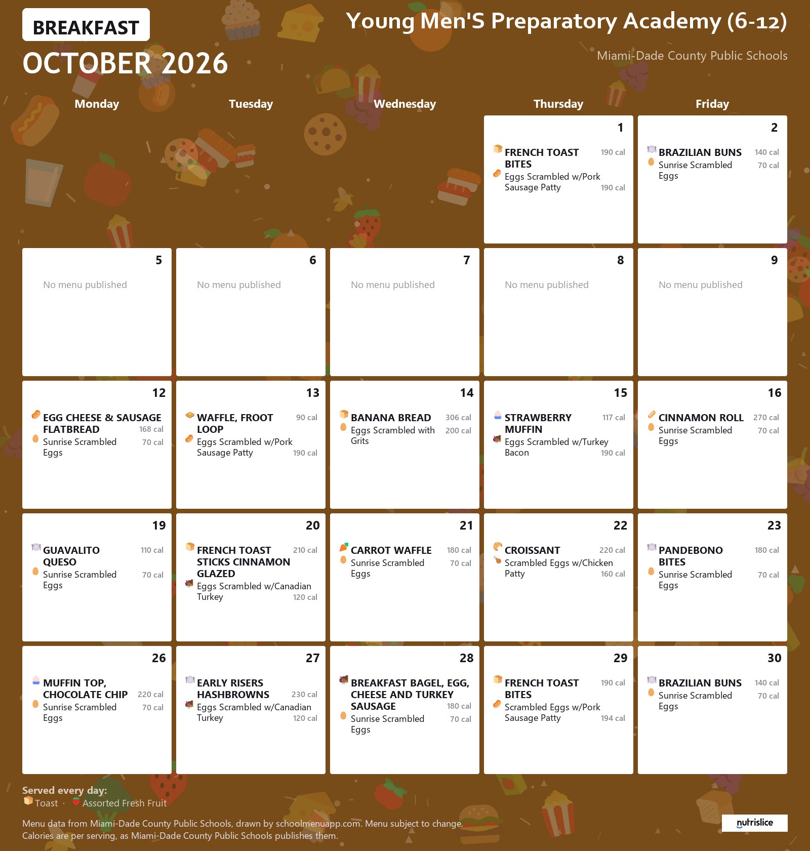Young Men'S Preparatory Academy (6-12) breakfast menu for October 2026 &mdash; Miami-Dade County Public Schools