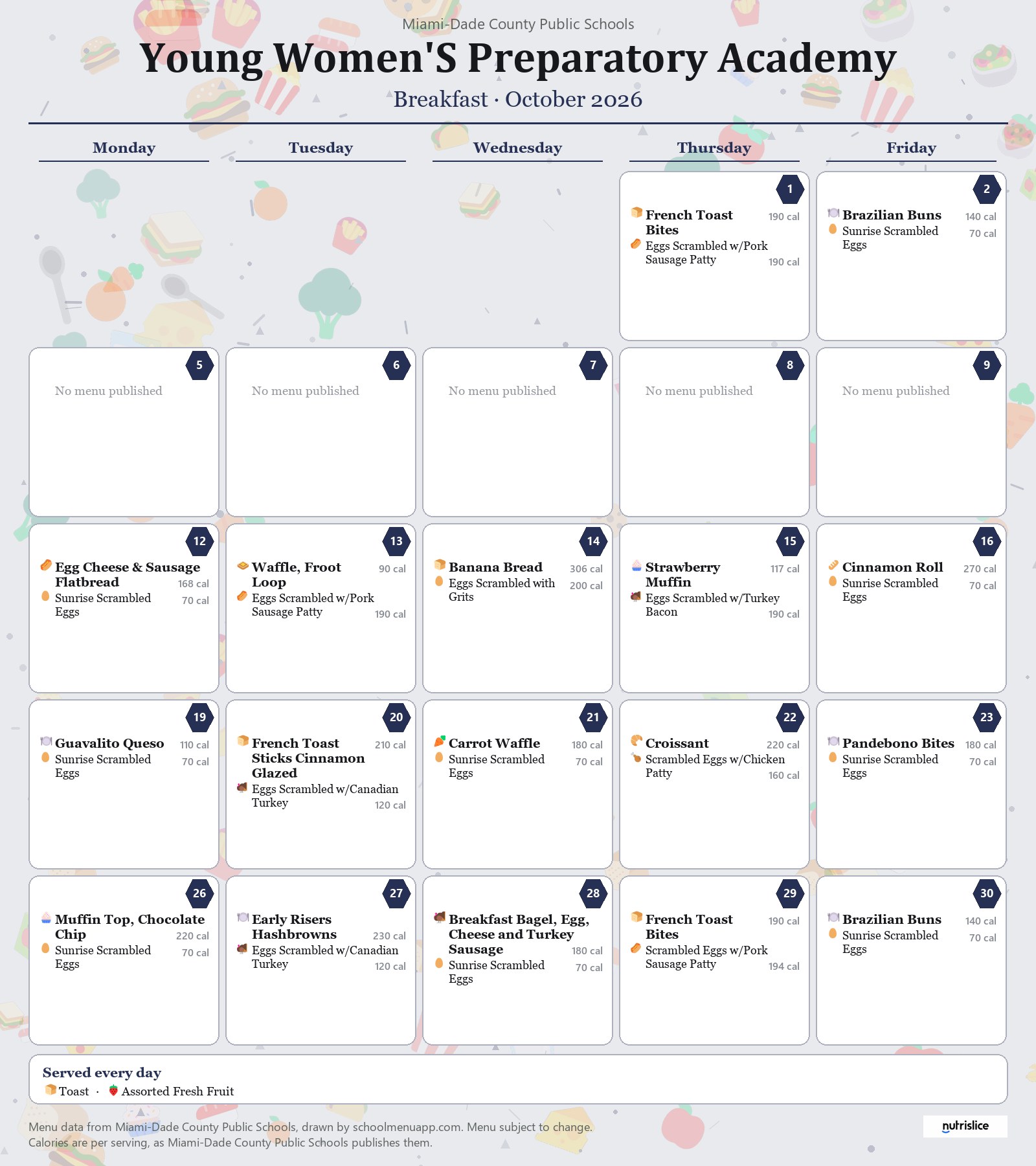 Young Women'S Preparatory Academy breakfast menu for October 2026 &mdash; Miami-Dade County Public Schools