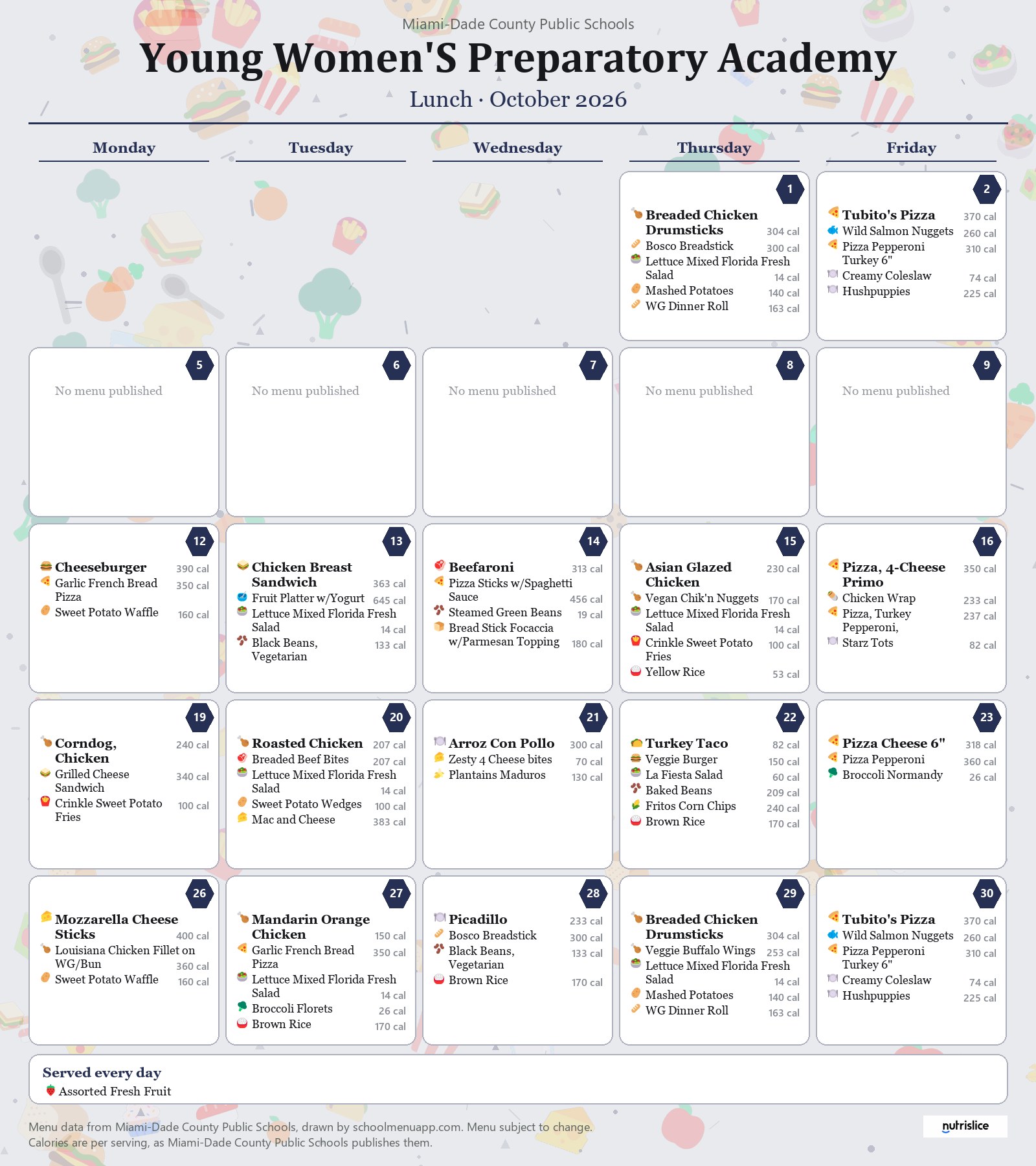 Young Women'S Preparatory Academy lunch menu for October 2026 &mdash; Miami-Dade County Public Schools