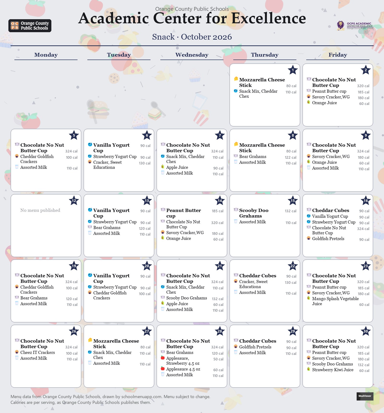 Academic Center for Excellence snack menu for October 2026 &mdash; Orange County Public Schools