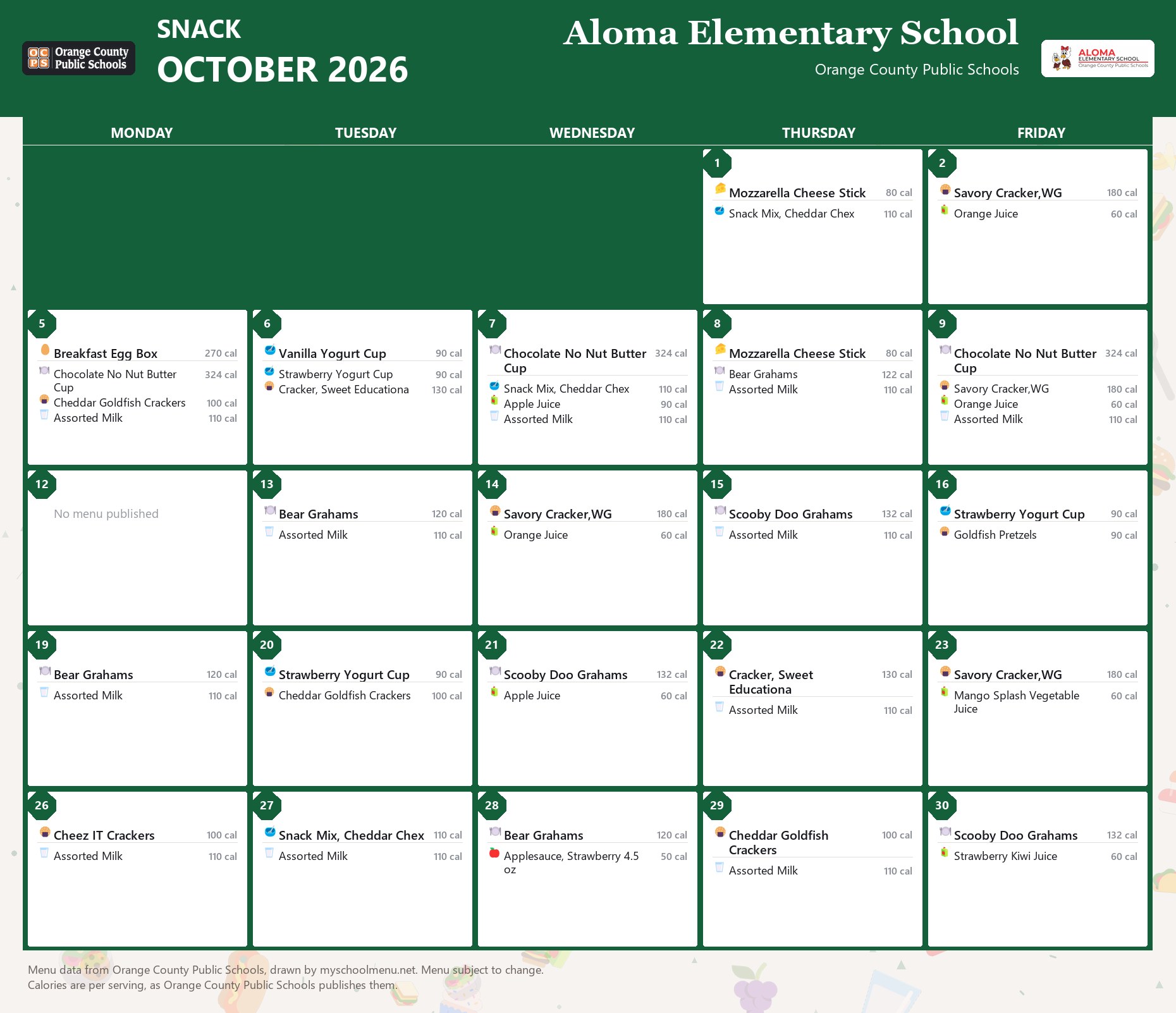 Aloma Elementary School snack menu for October 2026 &mdash; Orange County Public Schools