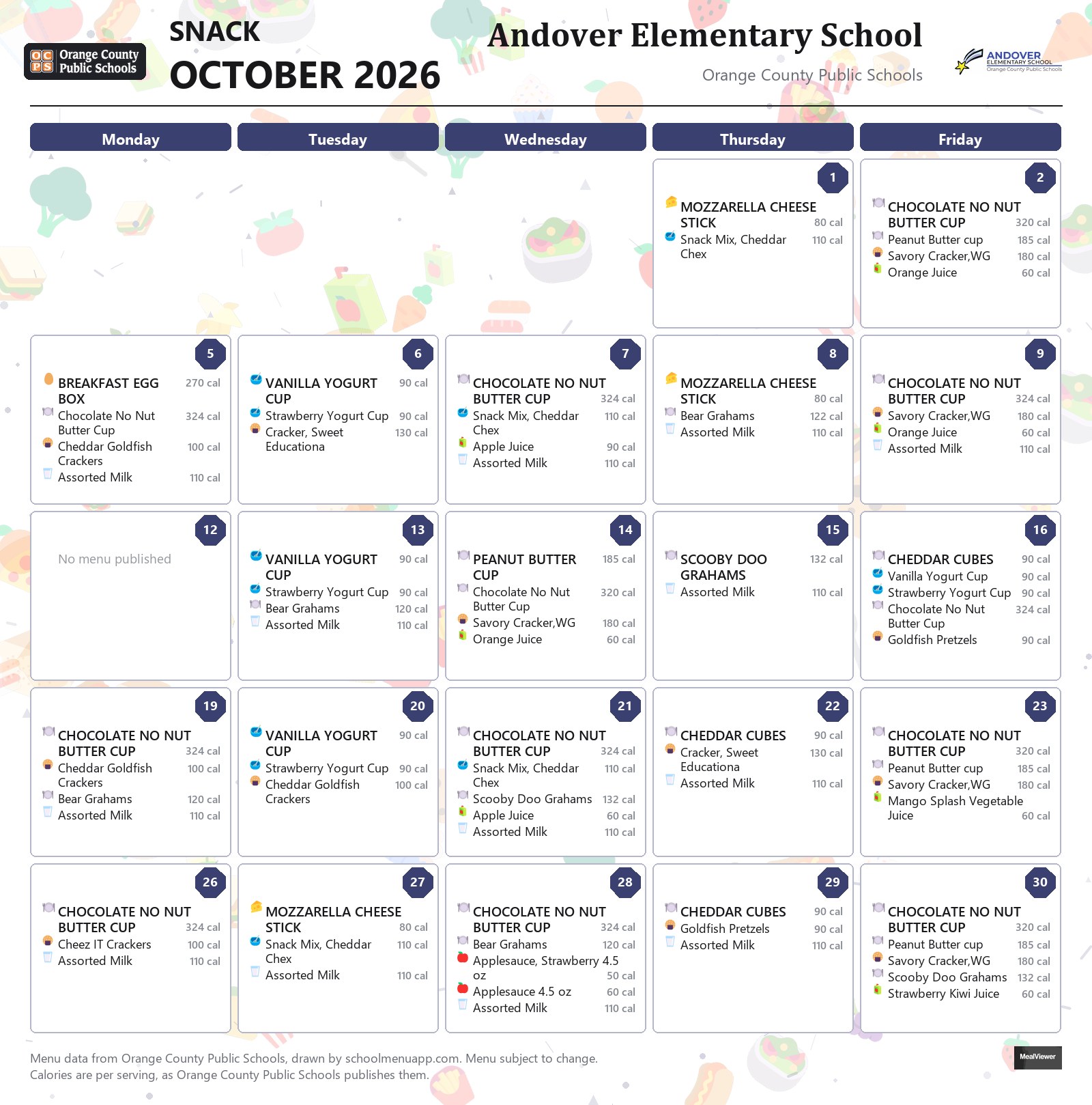 Andover Elementary School snack menu for October 2026 &mdash; Orange County Public Schools