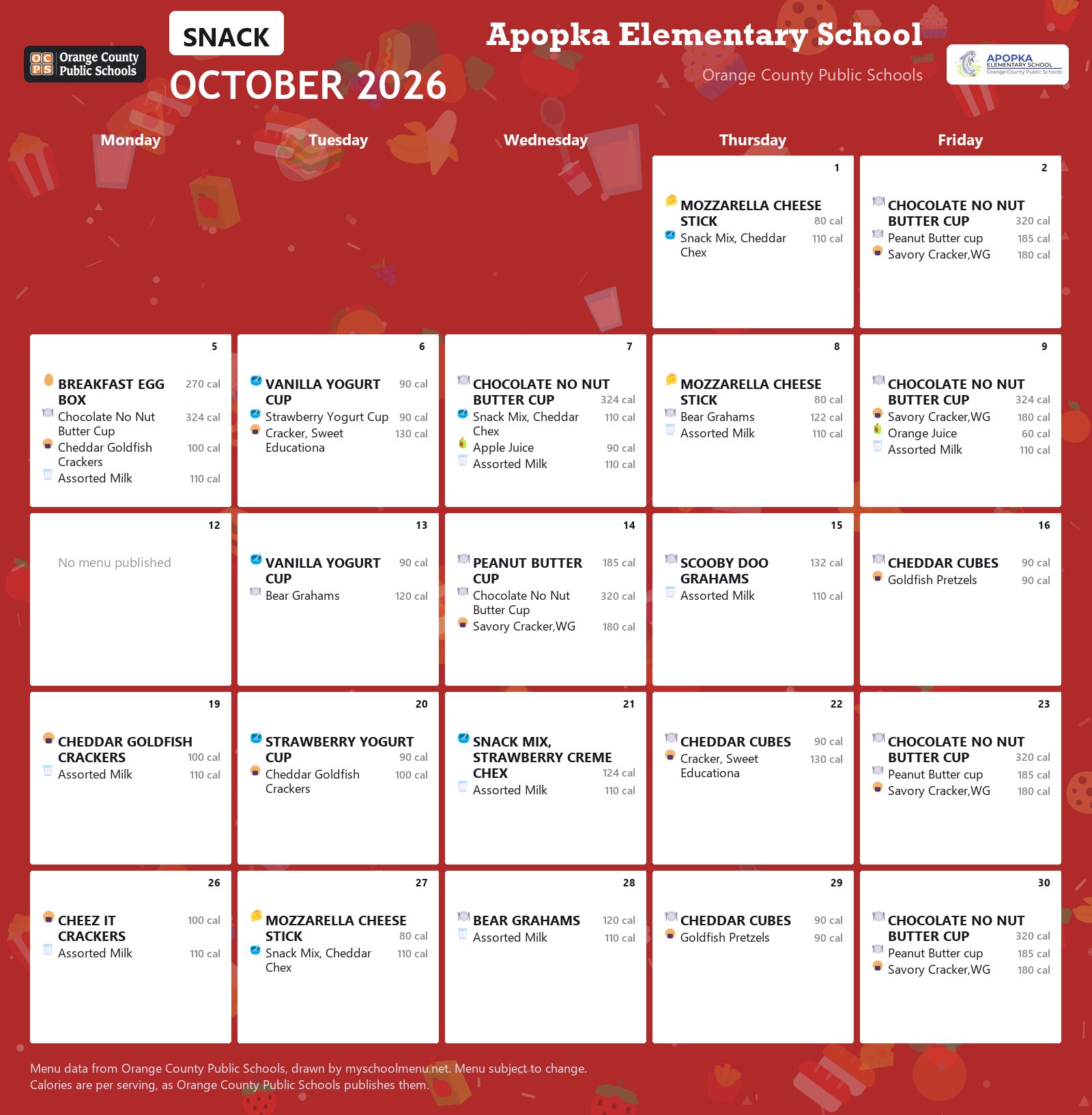 Apopka Elementary School snack menu for October 2026 &mdash; Orange County Public Schools