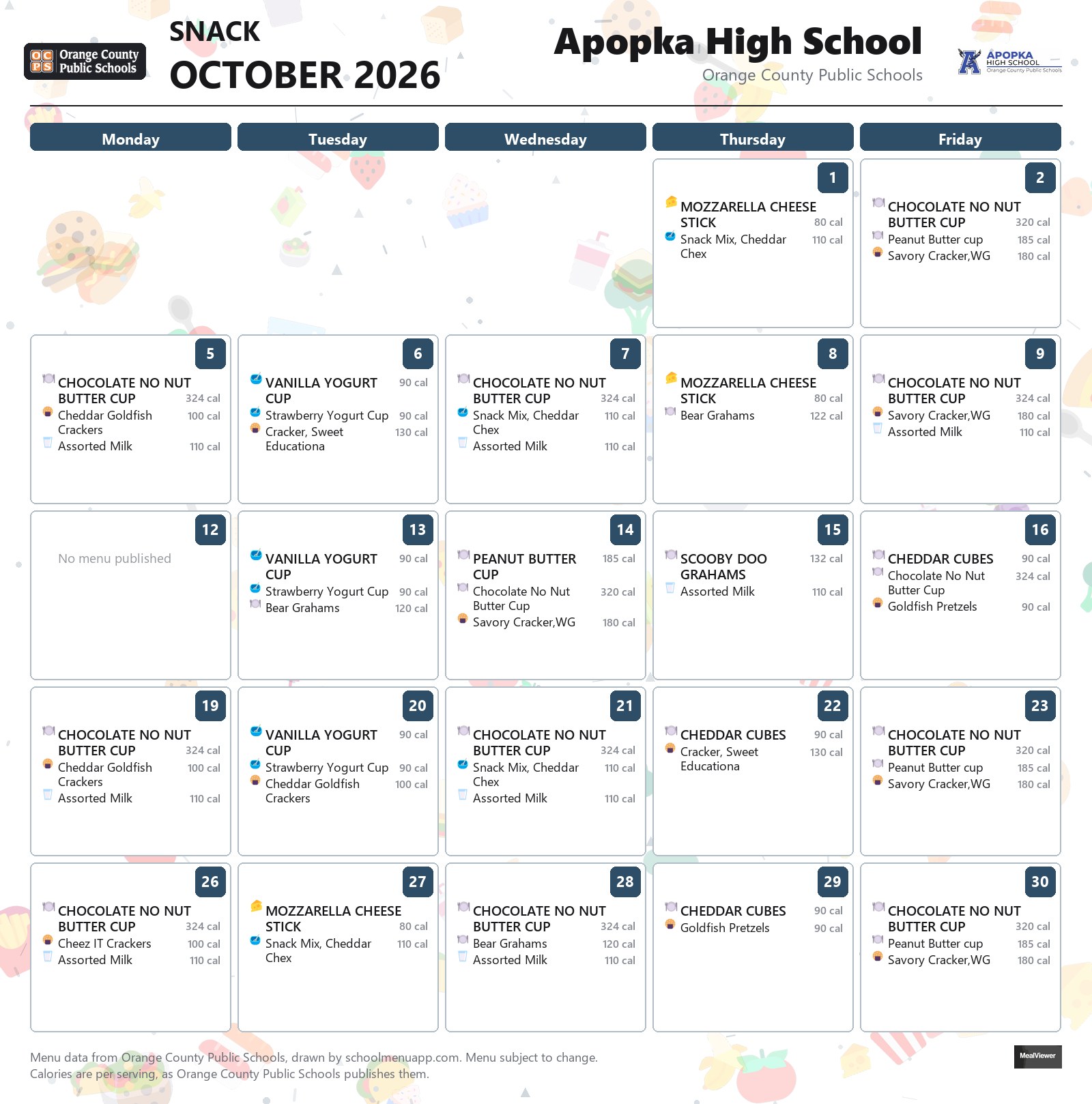 Apopka High School snack menu for October 2026 &mdash; Orange County Public Schools