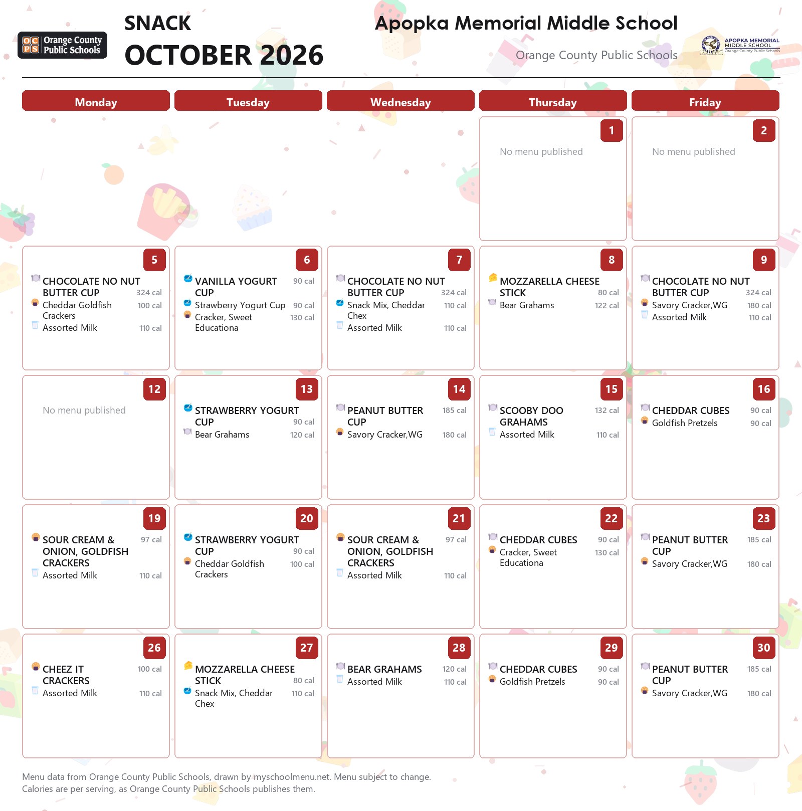 Apopka Memorial Middle School snack menu for October 2026 &mdash; Orange County Public Schools