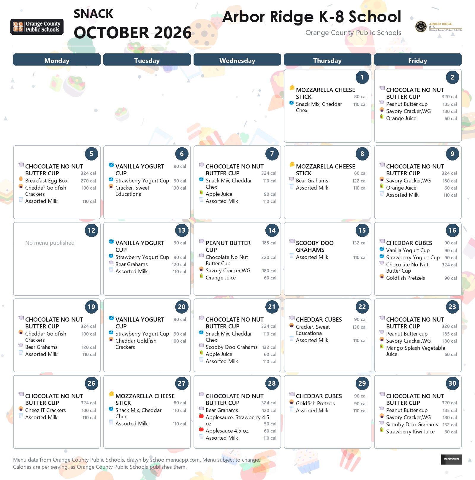 Arbor Ridge K-8 School snack menu for October 2026 &mdash; Orange County Public Schools