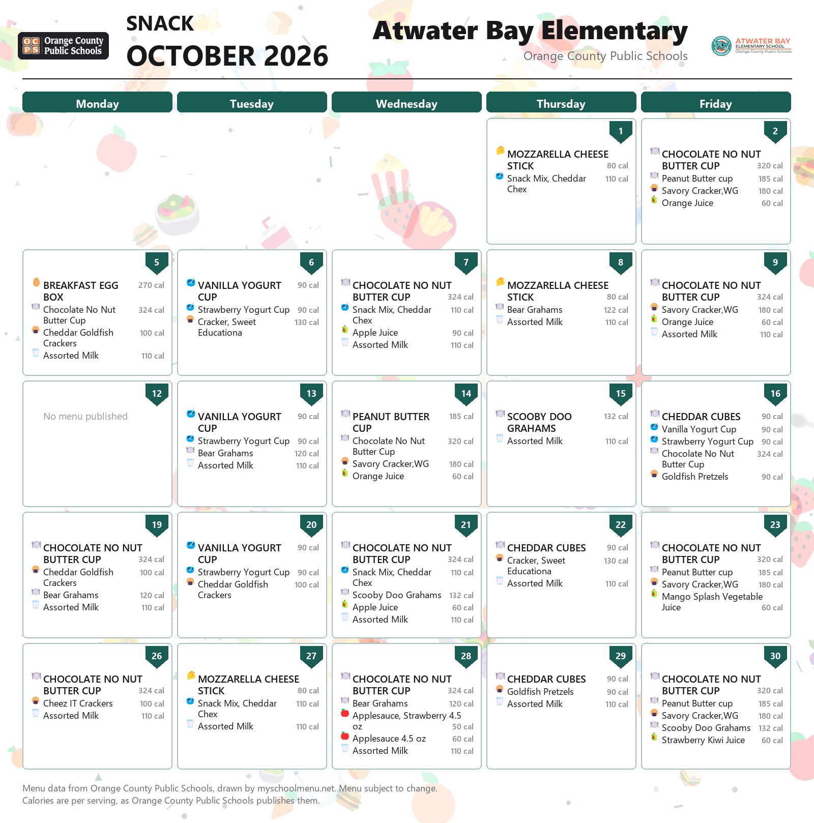 Atwater Bay Elementary snack menu for October 2026 &mdash; Orange County Public Schools