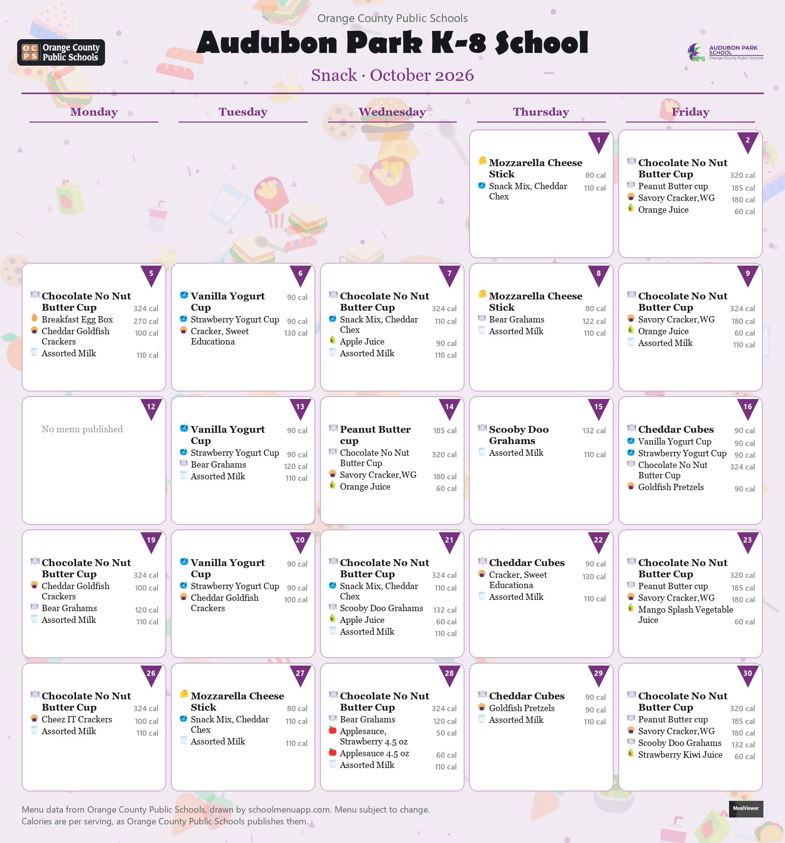 Audubon Park K-8 School snack menu for October 2026 &mdash; Orange County Public Schools