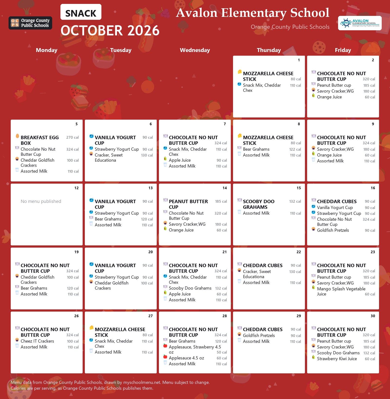 Avalon Elementary School snack menu for October 2026 &mdash; Orange County Public Schools