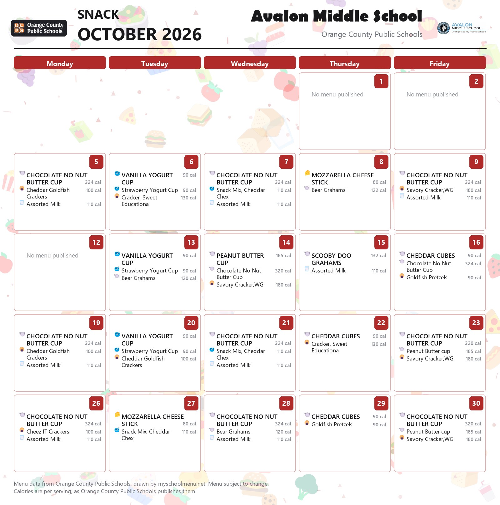 Avalon Middle School snack menu for October 2026 &mdash; Orange County Public Schools
