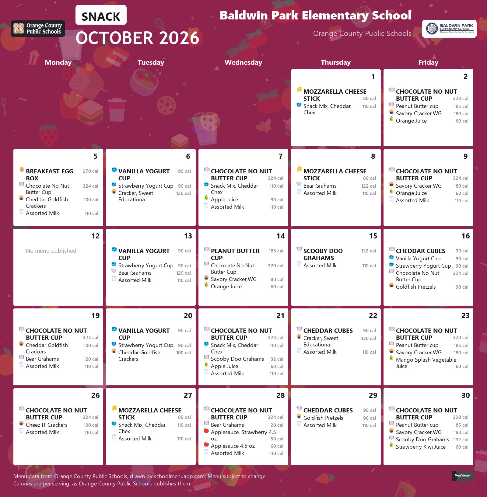 Baldwin Park Elementary School snack menu for October 2026 &mdash; Orange County Public Schools
