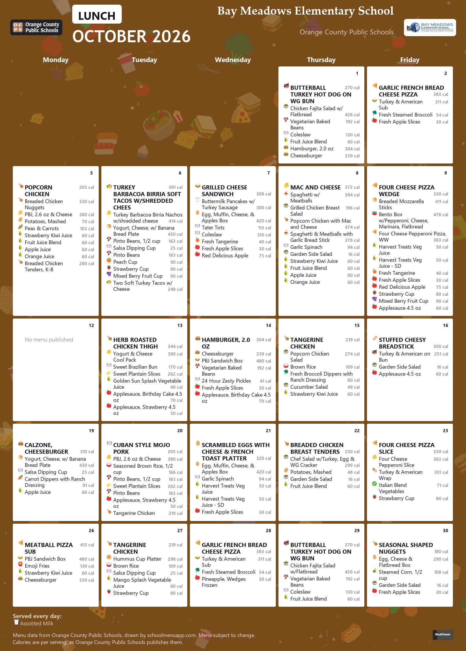 Bay Meadows Elementary School lunch menu for October 2026 &mdash; Orange County Public Schools