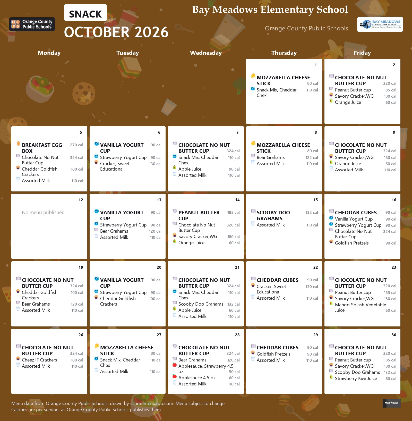 Bay Meadows Elementary School snack menu for October 2026 &mdash; Orange County Public Schools