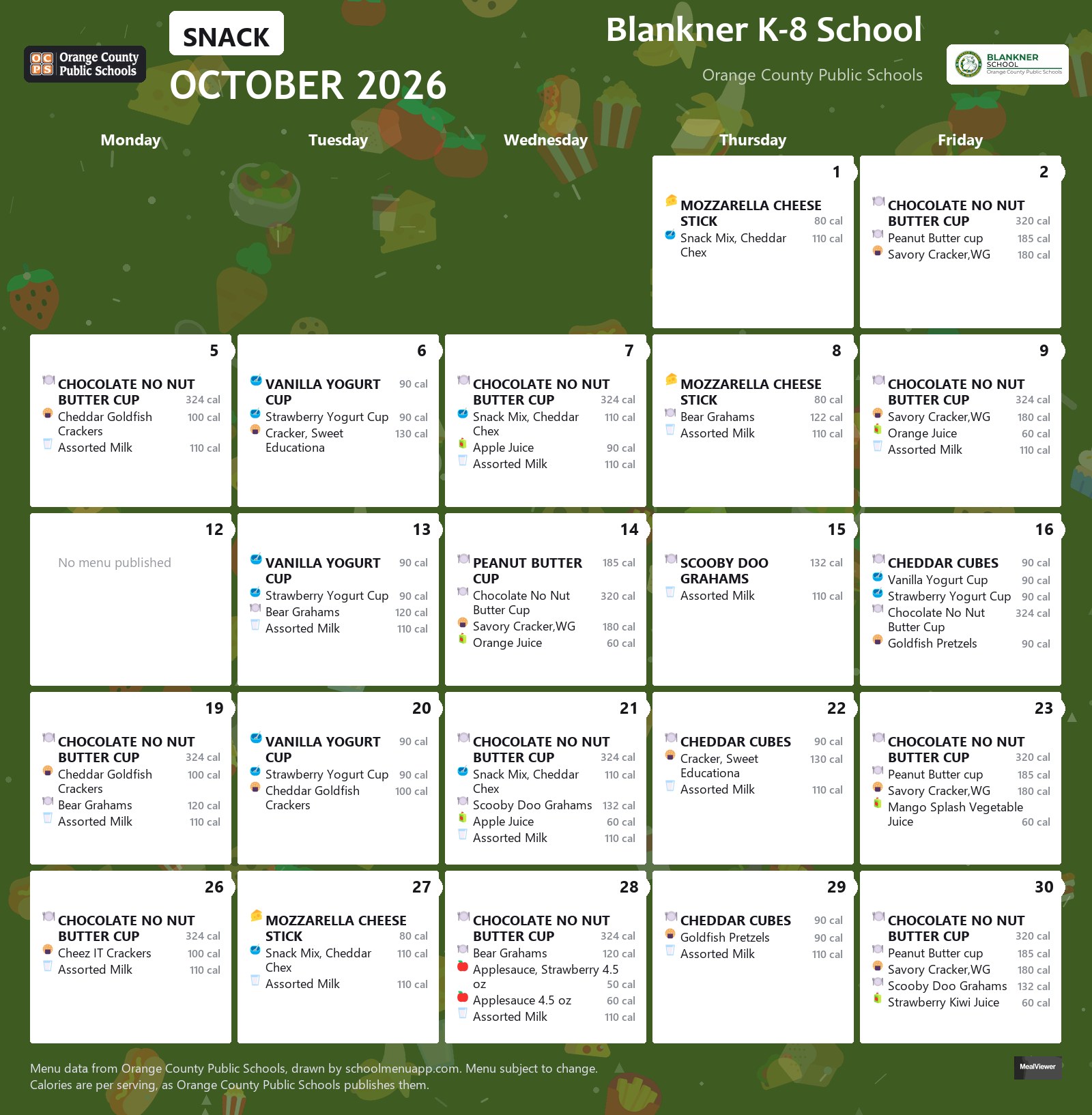 Blankner K-8 School snack menu for October 2026 &mdash; Orange County Public Schools