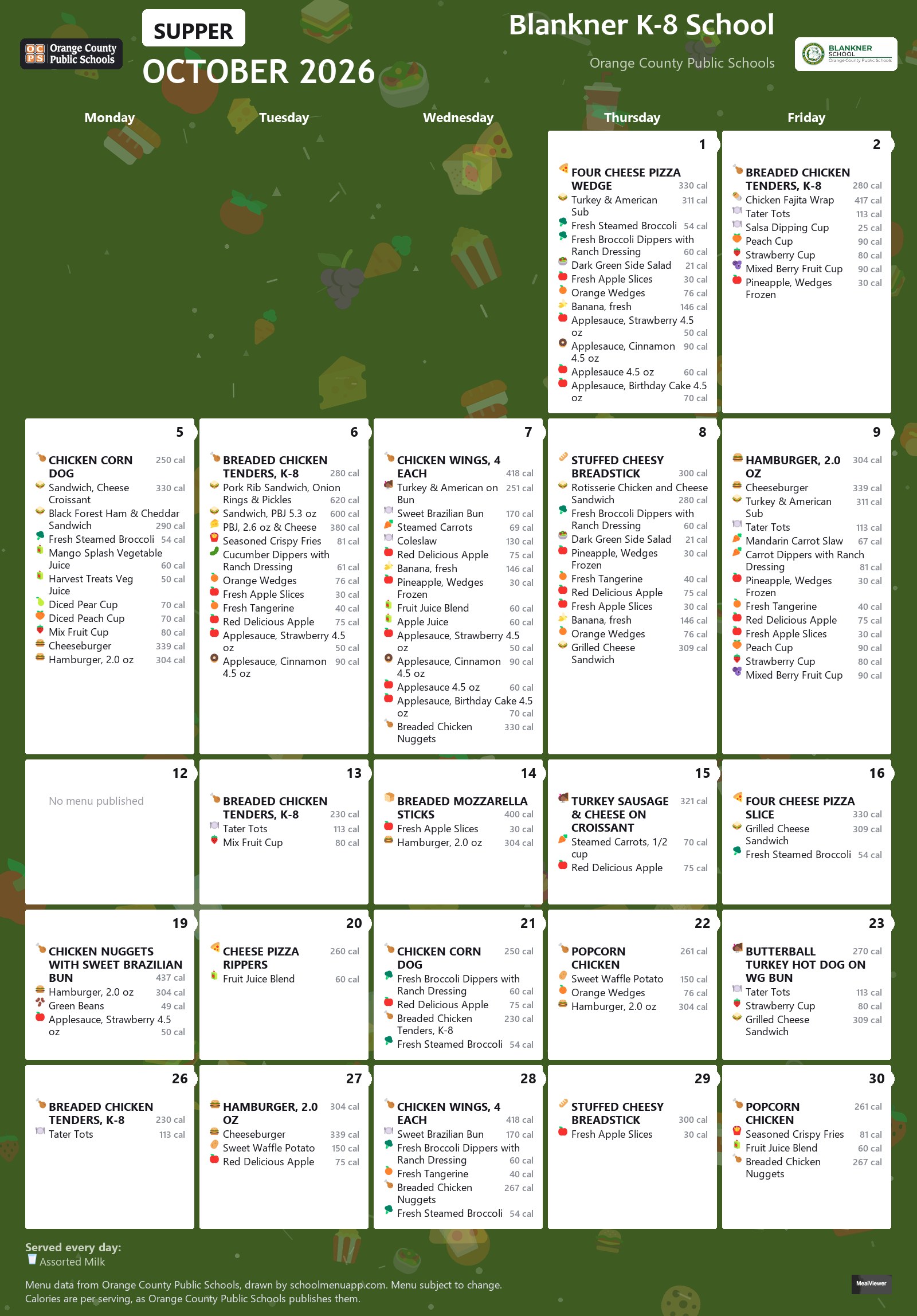 Blankner K-8 School supper menu for October 2026 &mdash; Orange County Public Schools