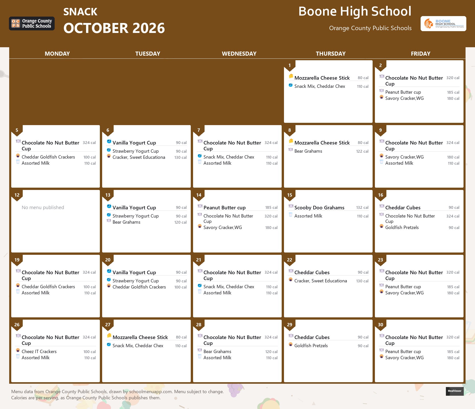 Boone High School snack menu for October 2026 &mdash; Orange County Public Schools