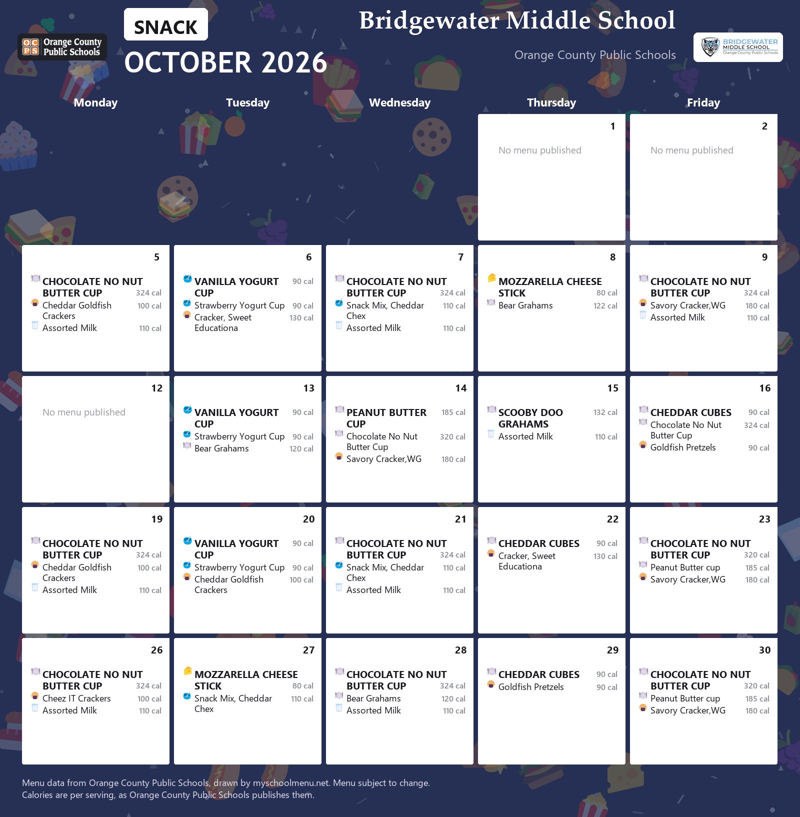 Bridgewater Middle School snack menu for October 2026 &mdash; Orange County Public Schools