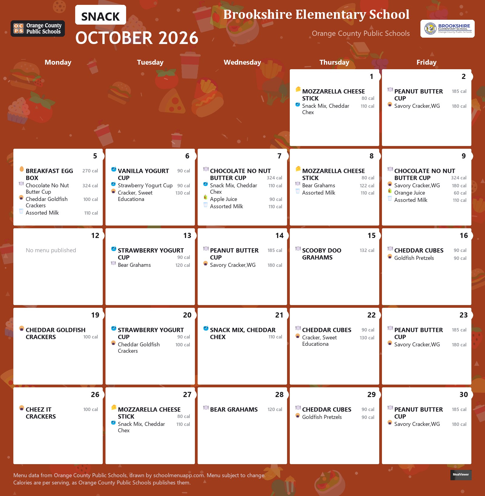 Brookshire Elementary School snack menu for October 2026 &mdash; Orange County Public Schools