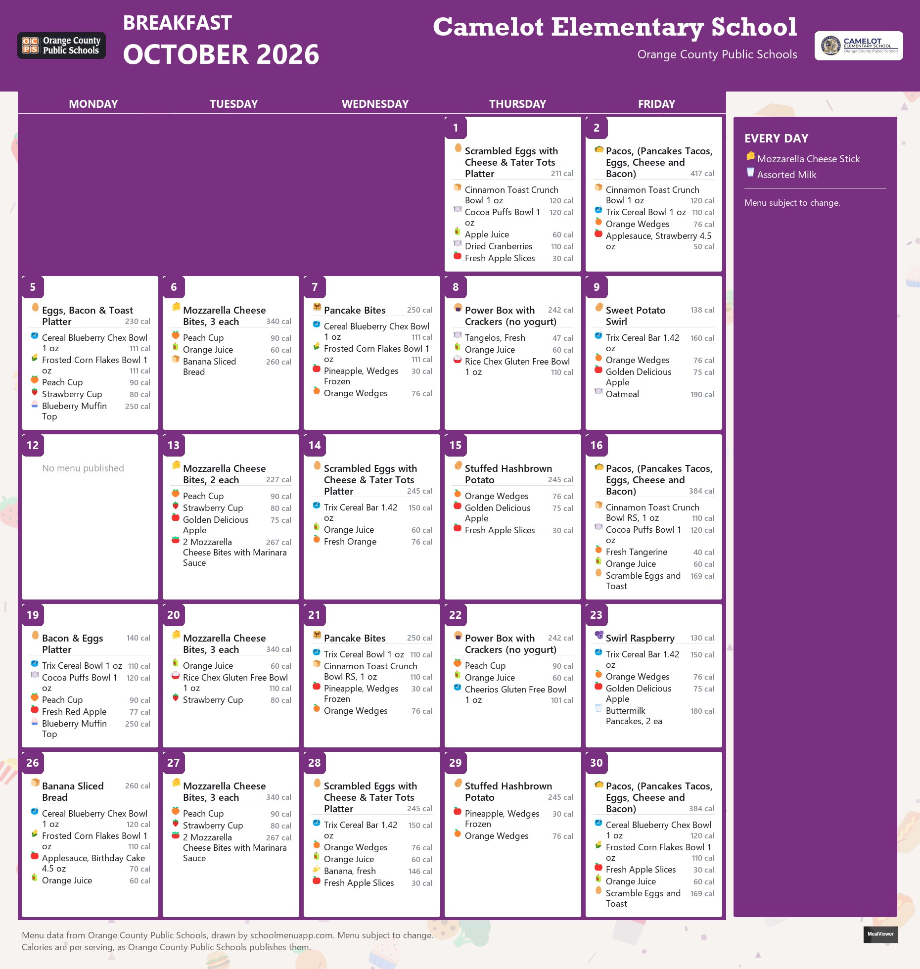 Camelot Elementary School breakfast menu for October 2026 &mdash; Orange County Public Schools