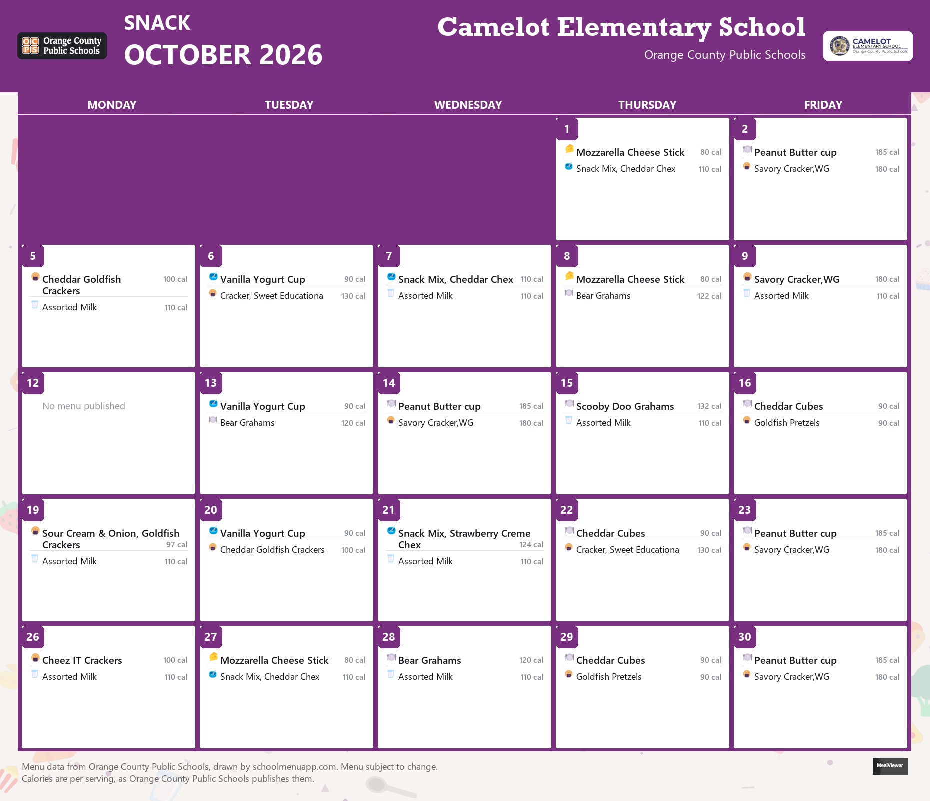 Camelot Elementary School snack menu for October 2026 &mdash; Orange County Public Schools