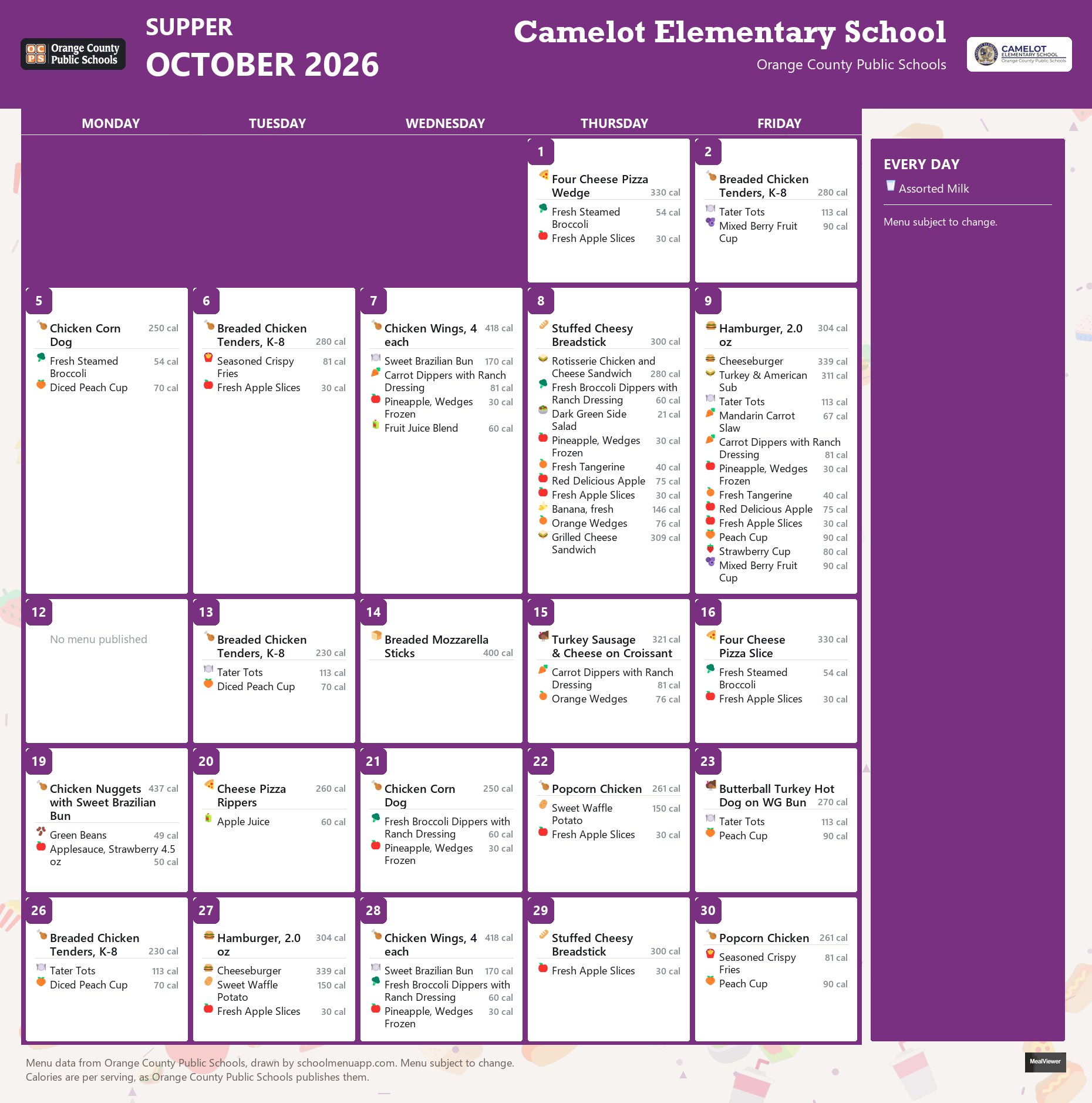 Camelot Elementary School supper menu for October 2026 &mdash; Orange County Public Schools