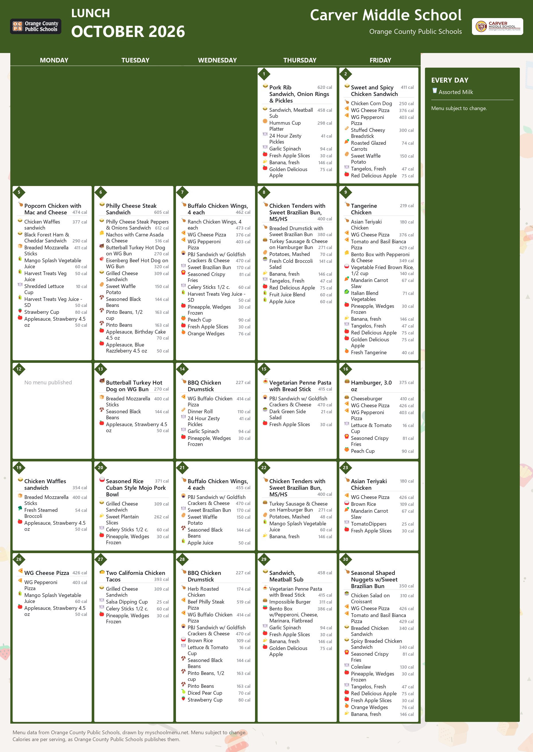 Carver Middle School lunch menu for October 2026 &mdash; Orange County Public Schools
