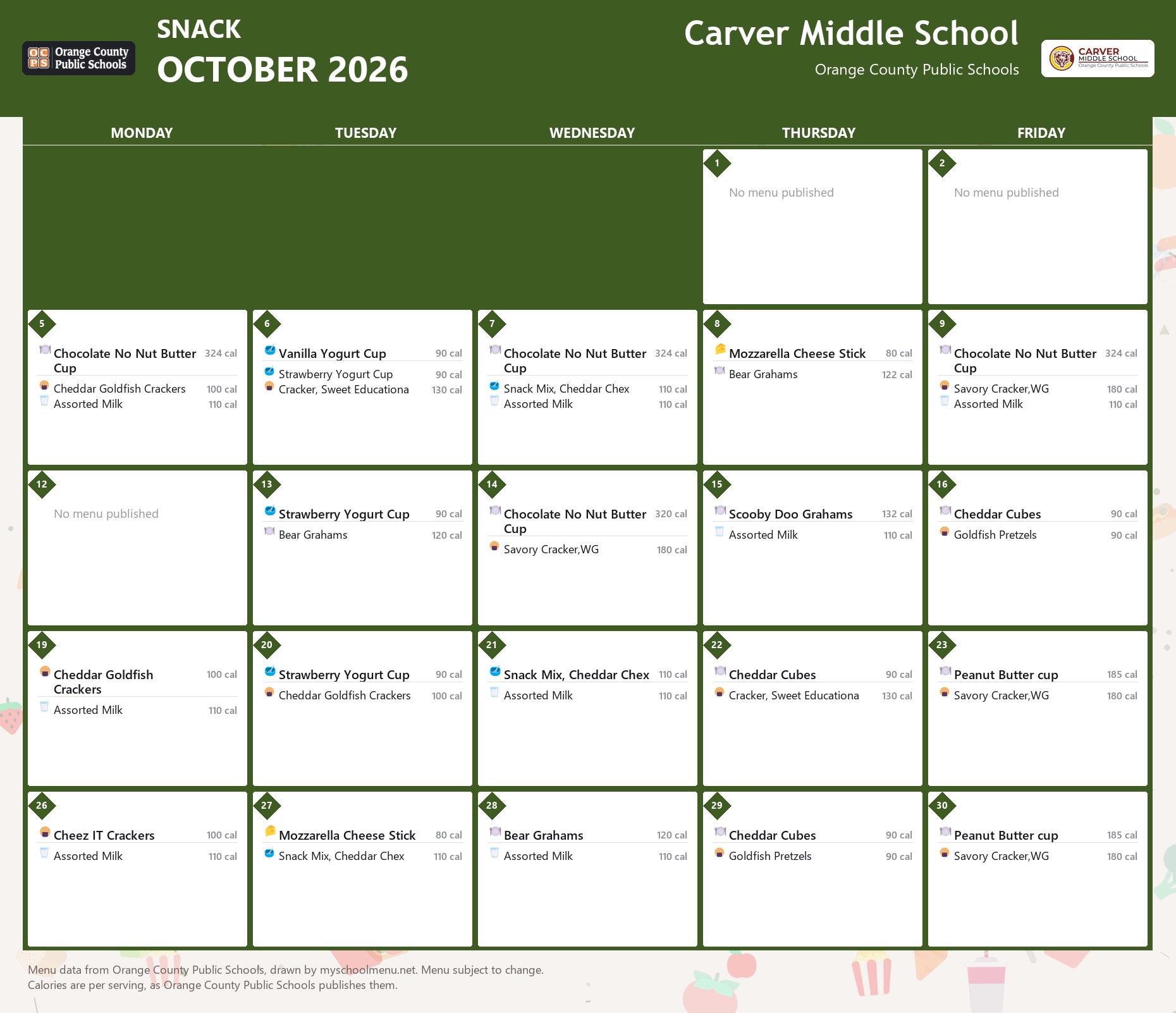 Carver Middle School snack menu for October 2026 &mdash; Orange County Public Schools