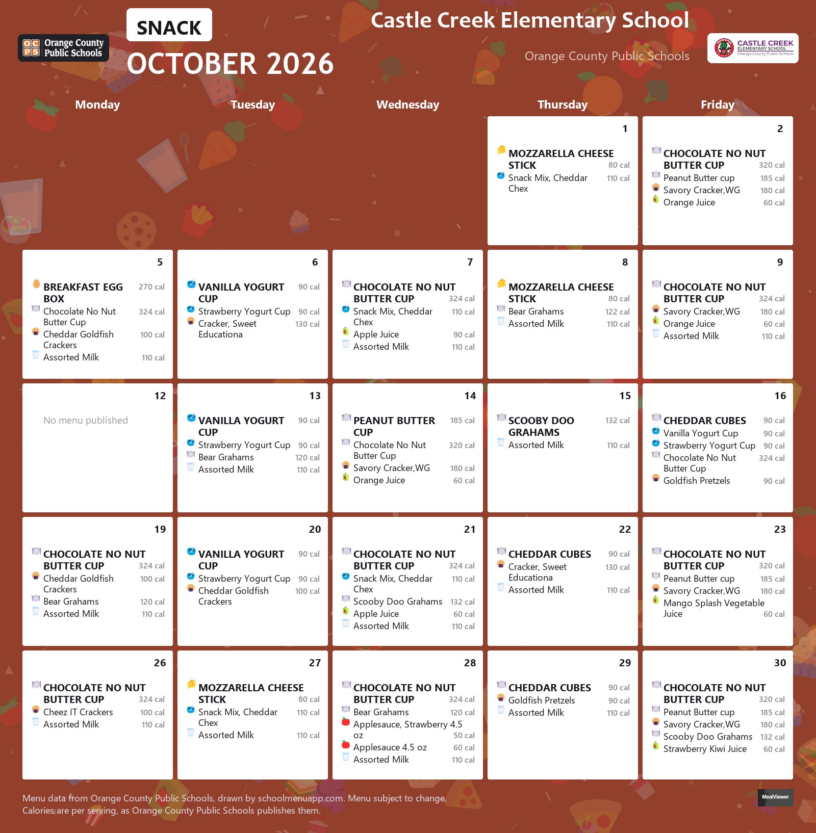 Castle Creek Elementary School snack menu for October 2026 &mdash; Orange County Public Schools