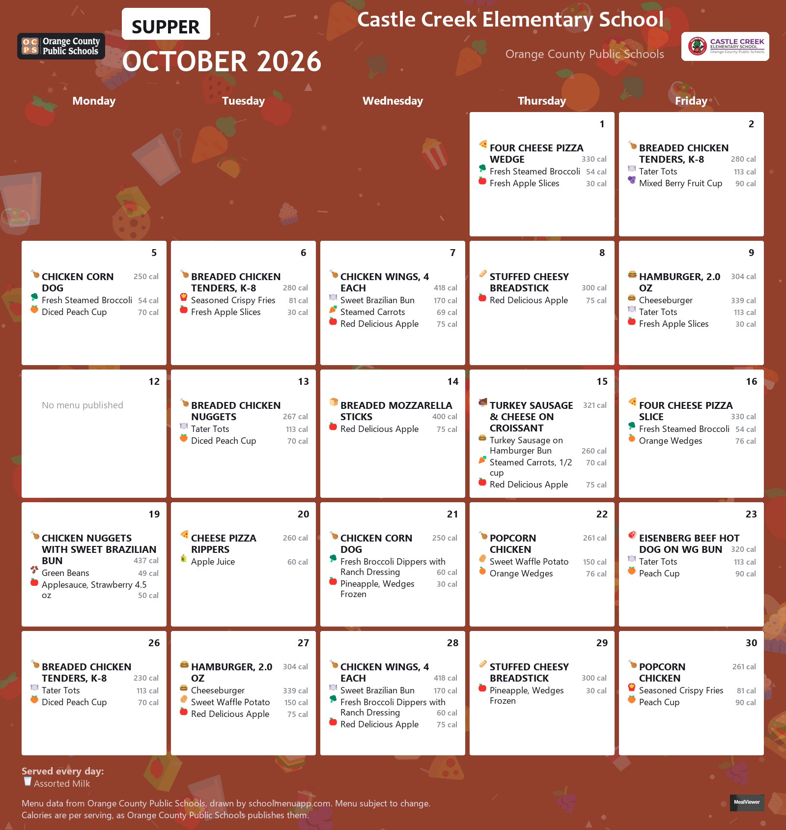 Castle Creek Elementary School supper menu for October 2026 &mdash; Orange County Public Schools