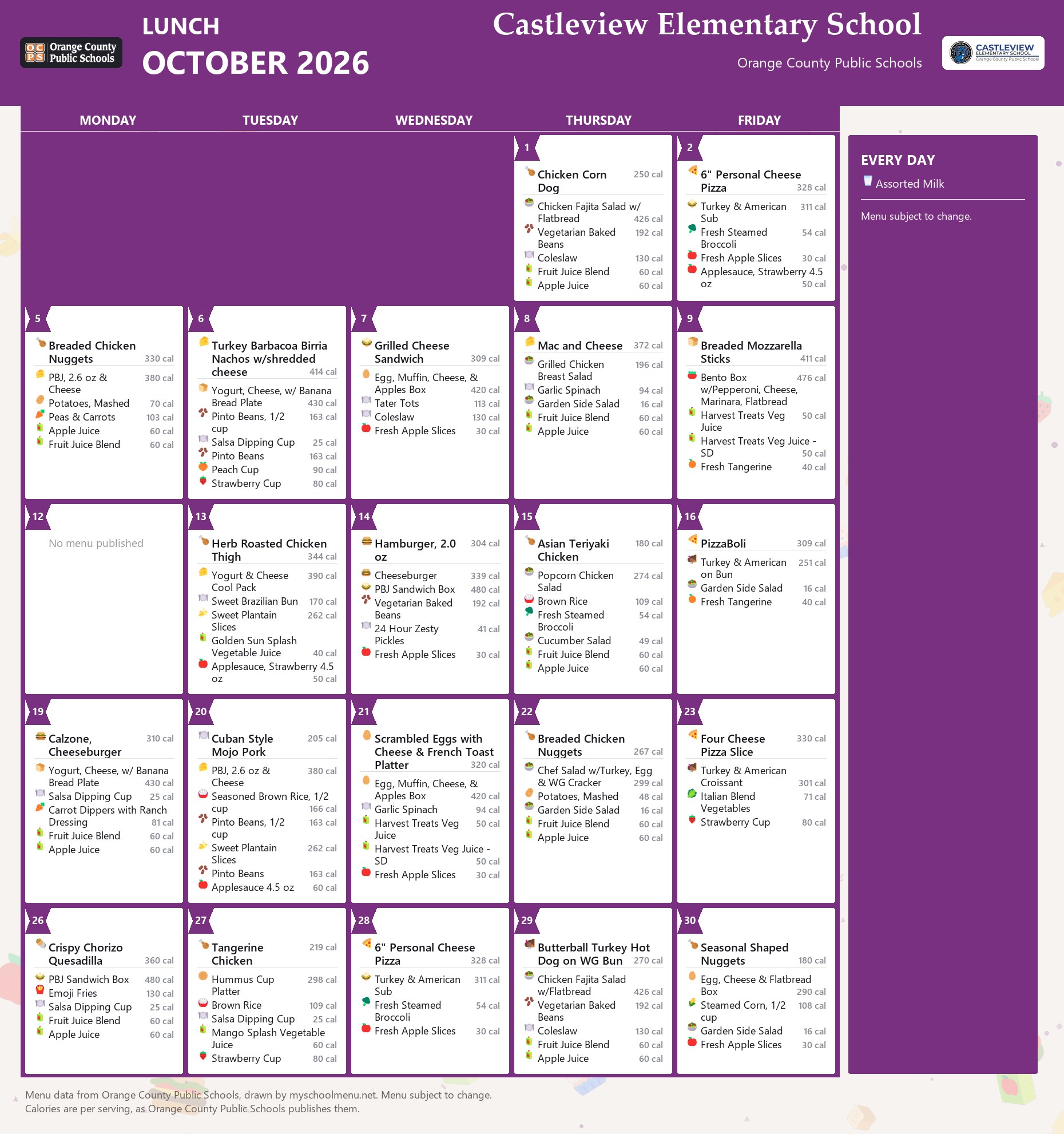 Castleview Elementary School lunch menu for October 2026 &mdash; Orange County Public Schools