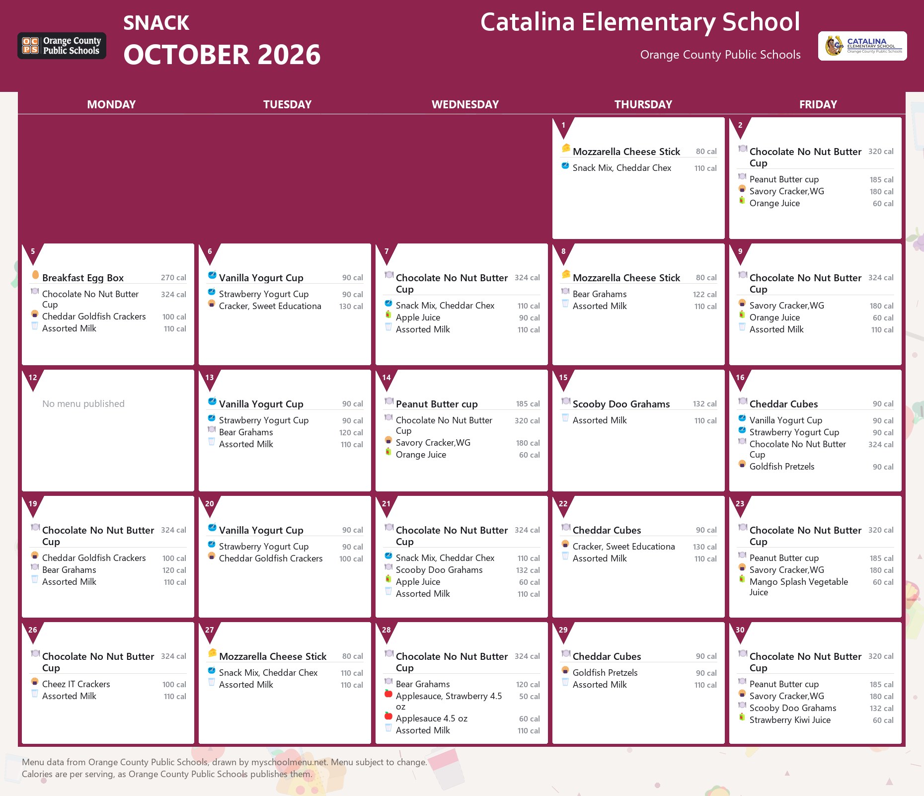 Catalina Elementary School snack menu for October 2026 &mdash; Orange County Public Schools