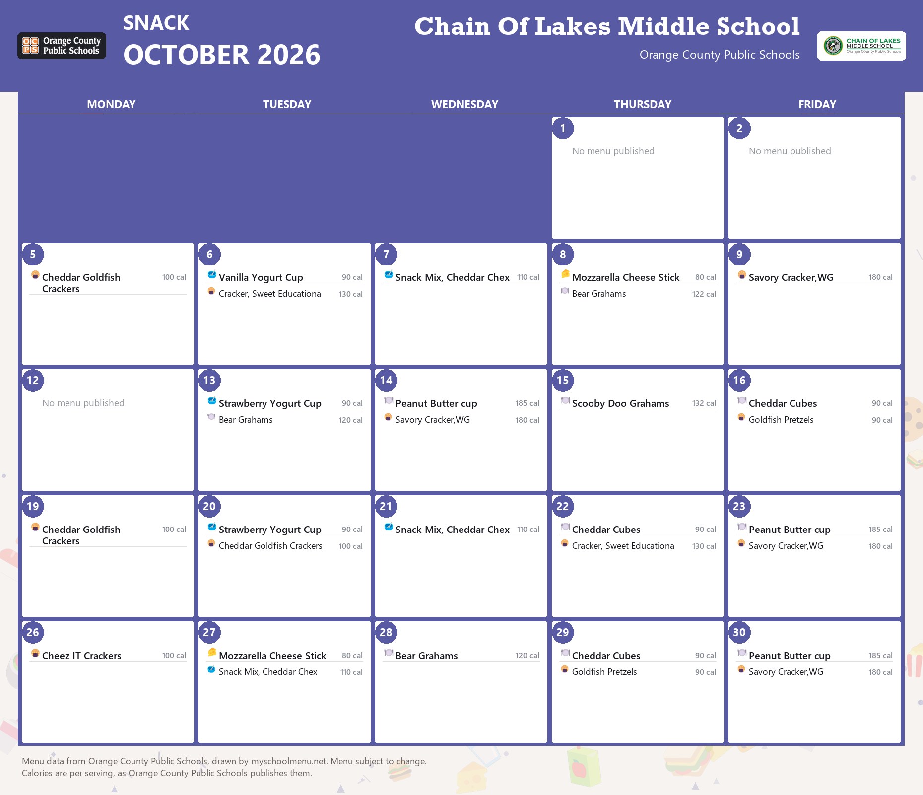 Chain Of Lakes Middle School snack menu for October 2026 &mdash; Orange County Public Schools