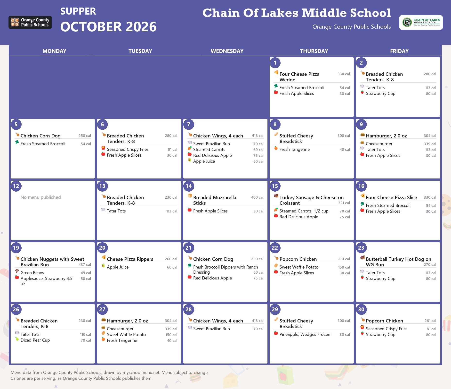 Chain Of Lakes Middle School supper menu for October 2026 &mdash; Orange County Public Schools
